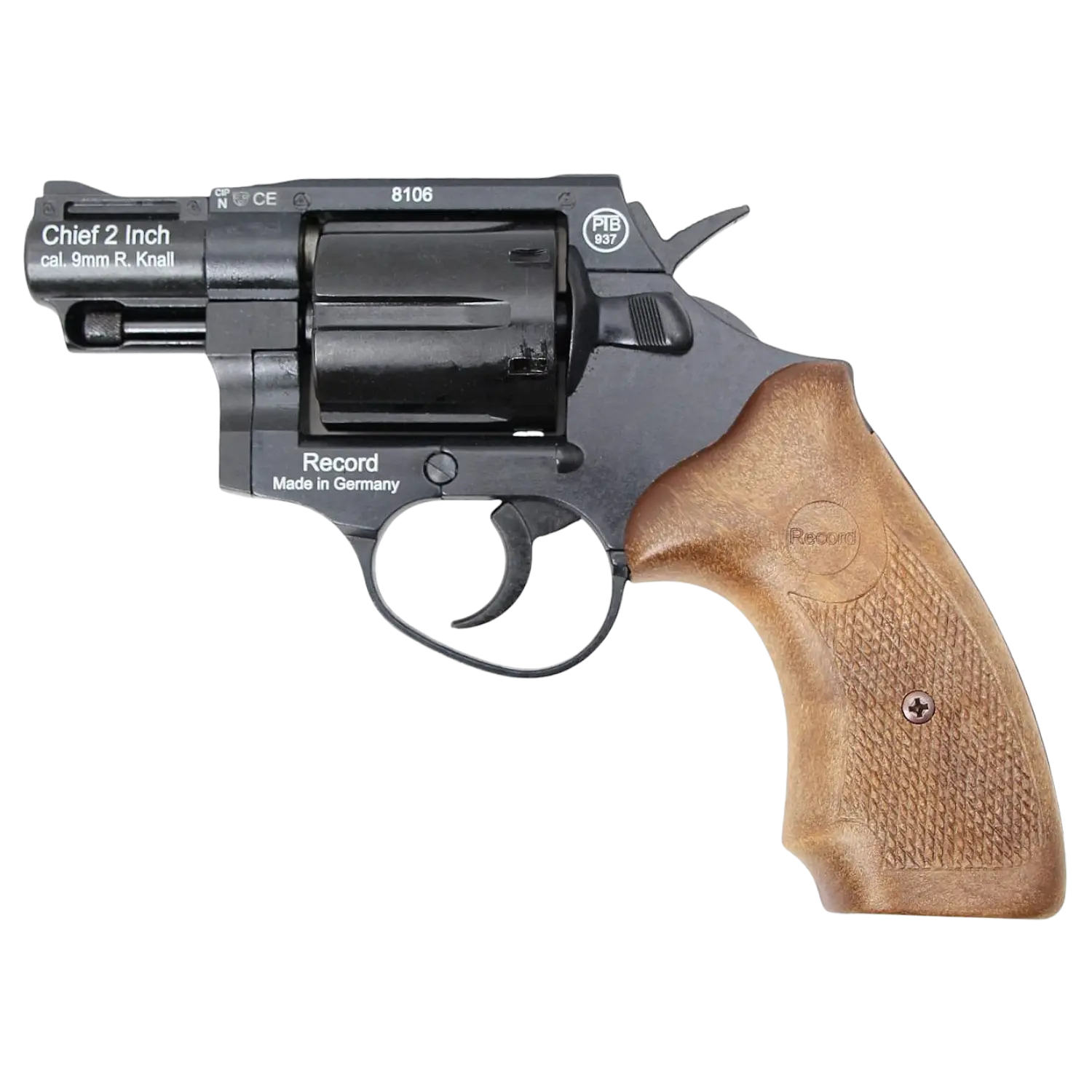 Revolver Modell Chief 2 Zoll mit brüniertem Metall und Holzgriff mit Rautenmuster und eingraviertem Schriftzug