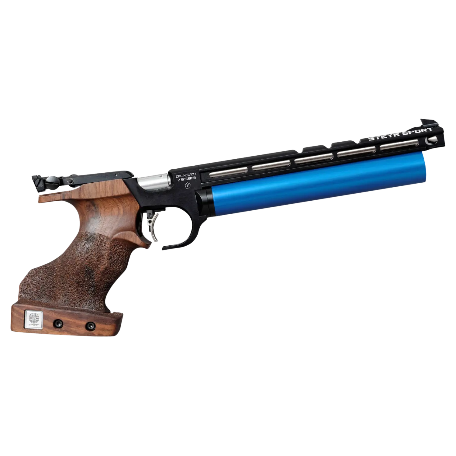 Luftpistole von Steyr mit ergonomischem Holzgriff, blauem Lauf und schwarzem Visier.