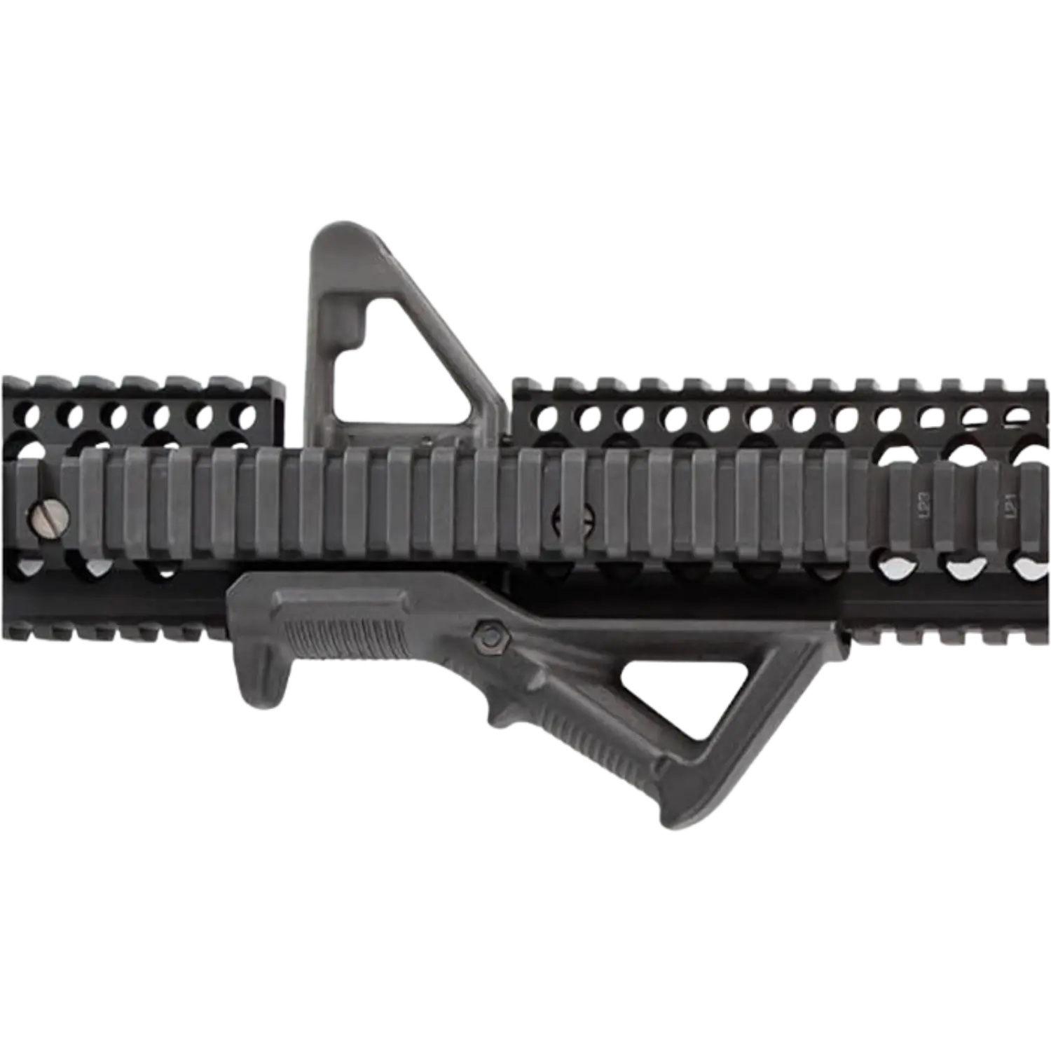Schwarzer Magpul AFG abgewinkelter Vordergriff an einer Schienenmontage.
