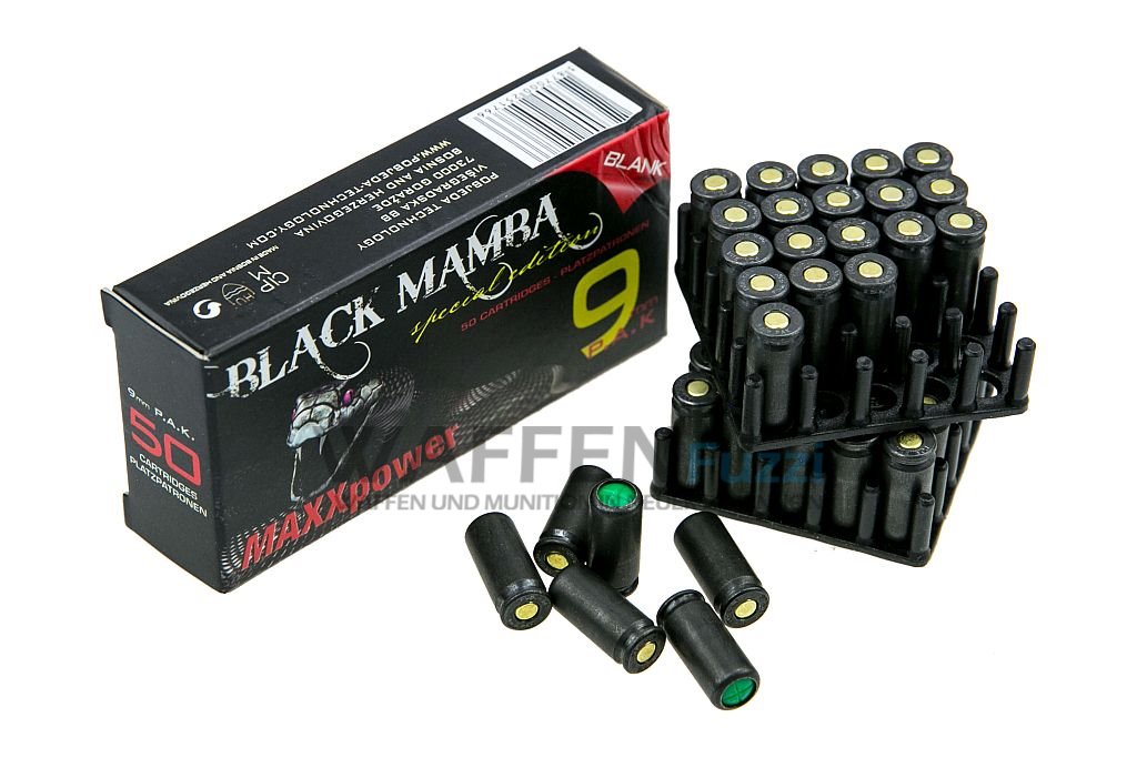 Black-Mamba-schwarze-Knallpatronen-mit-Stahlh-lse-Kaliber-9mm-PAK Black Mamba Maxx Power Platzpatronen 9mm P.A.K.
