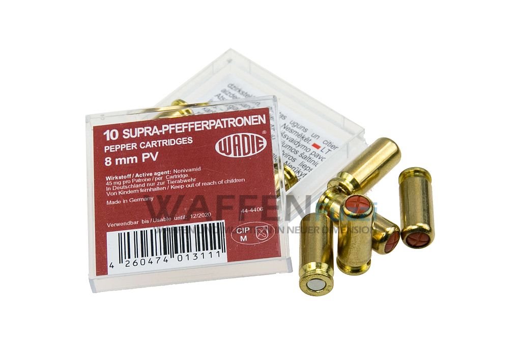 Wadie-8mm-Pfefferpatrone-mit-extra-starker-Ladung Wadie 8mm PV Pfeffermunition für Schreckschusswaffen