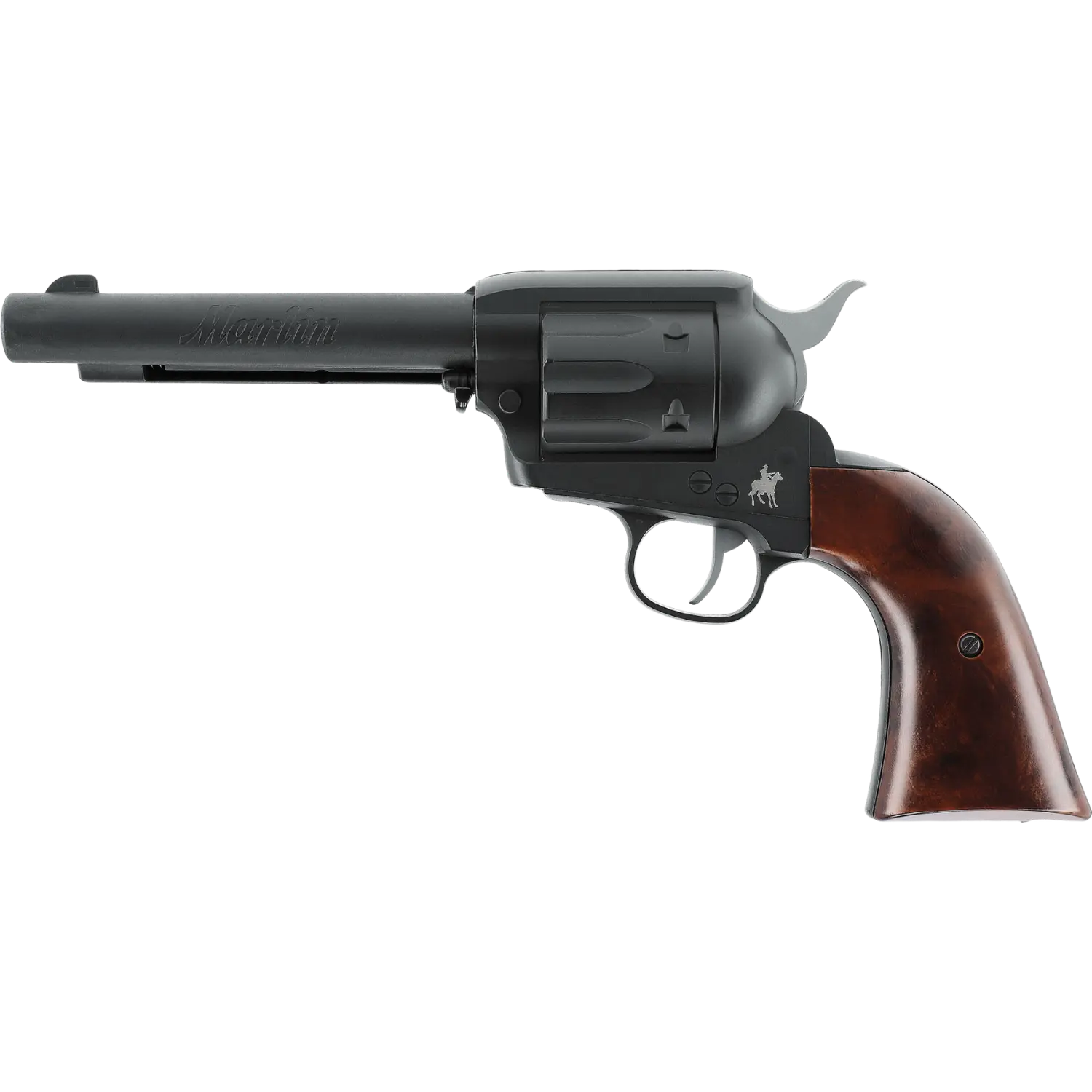 Marlin Revolver CO2-Revolver mit langem Lauf, schwarzem Metall und braunem Holzgriff, Seitenansicht von links