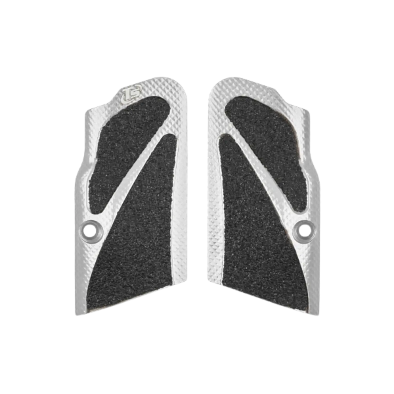 Zwei silberne Griffschalen mit schwarzer, strukturierter Einlage und dem Logo "TS" oben links