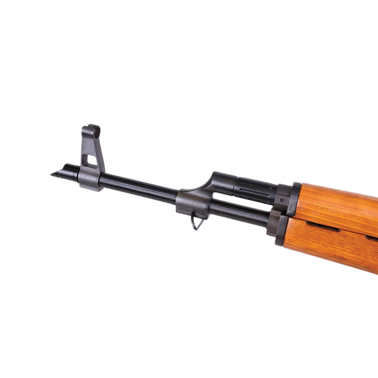 Detailaufnahme vom Lauf des Gewehrs schwarzer Lauf der in Holzoptikschaft übergeht