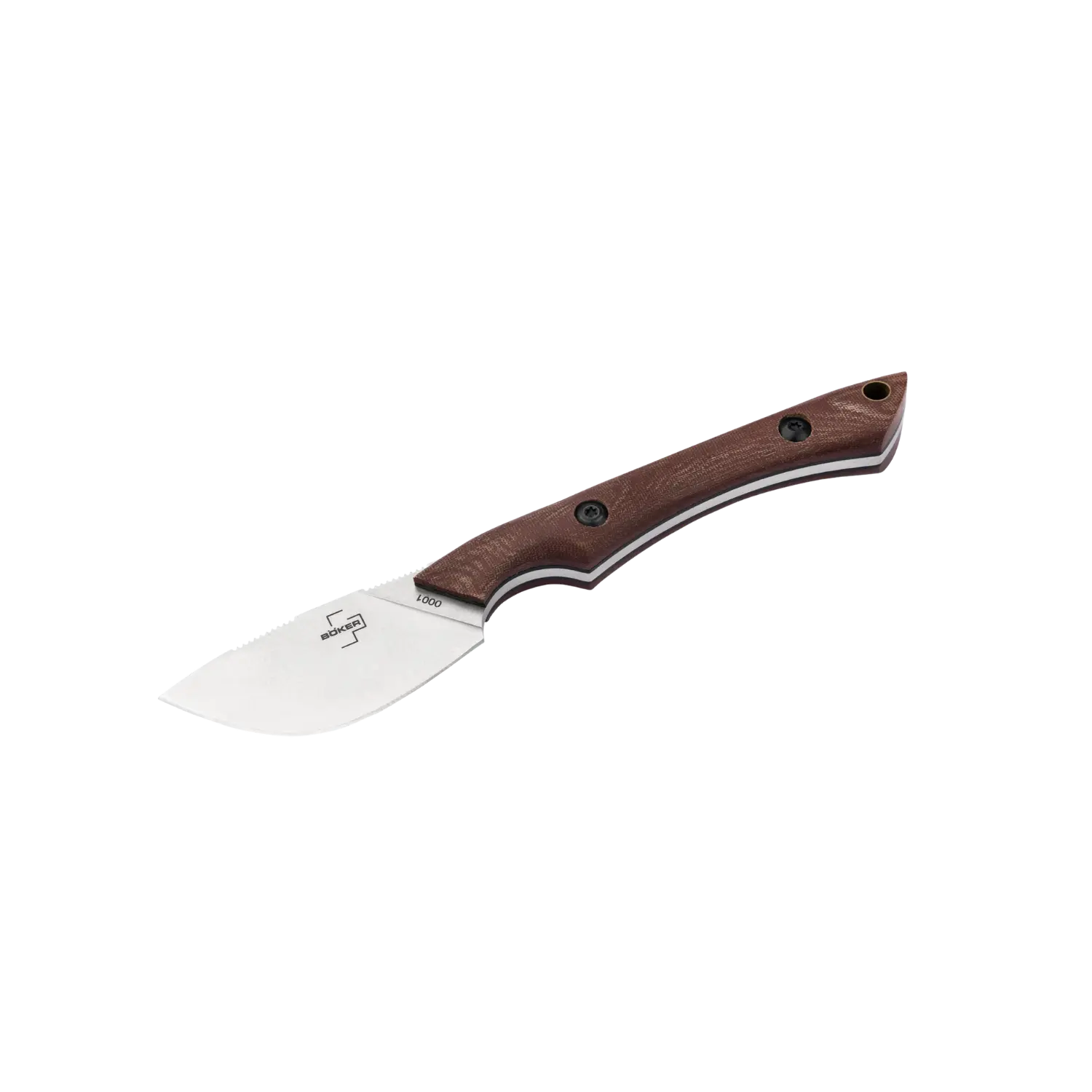 Böker Plus Pocket M.U.K. Neck Knife mit kurzer, breiter Klinge und braunem Holzgriff mit zwei Schrauben.