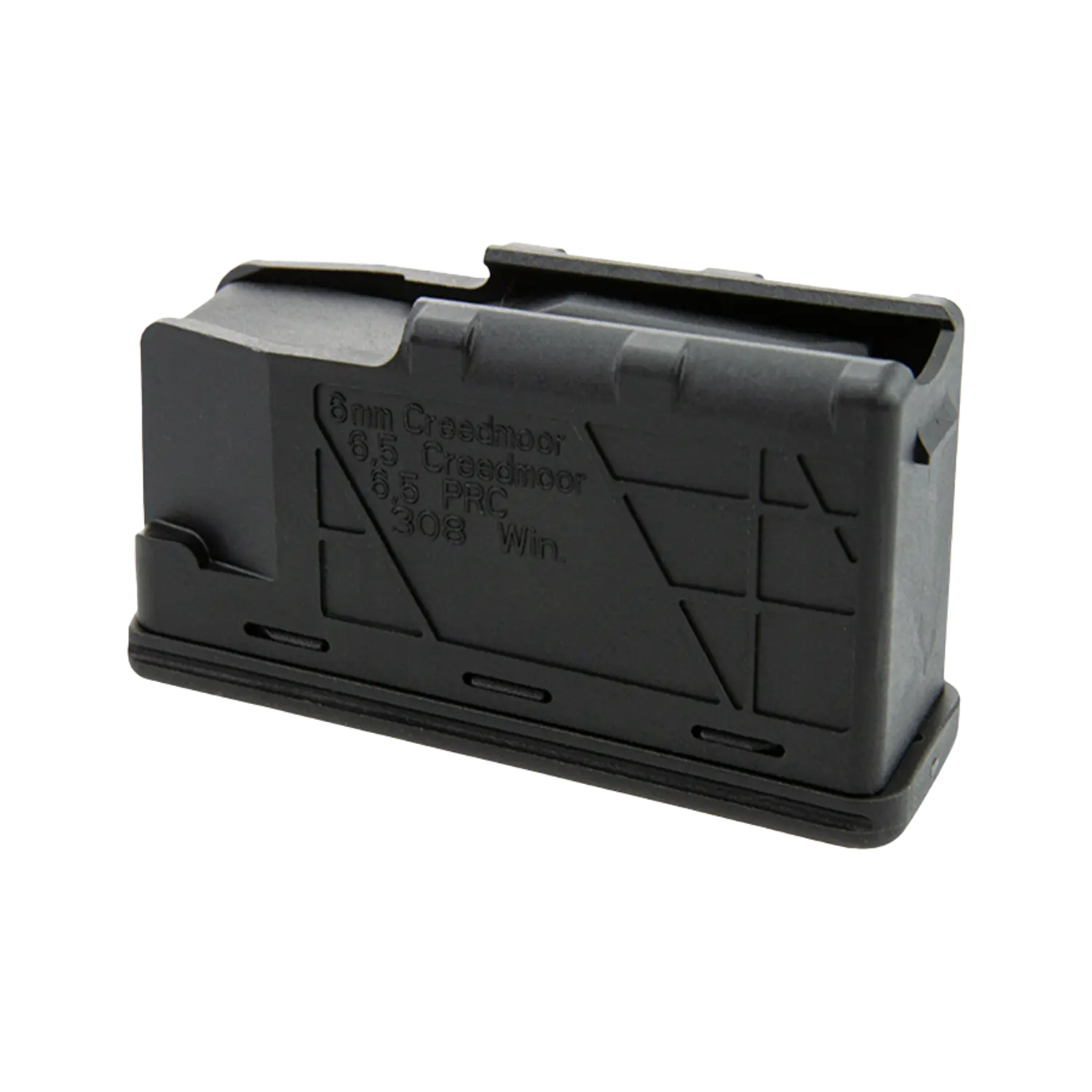Schwarzes Magazin für CZ 600 mit 5 Schuss Kapazität, beschriftet mit Kalibern 6 mm Creedmoor, 6,5 Creedmoor, 6,5 PRC und .308 Win.