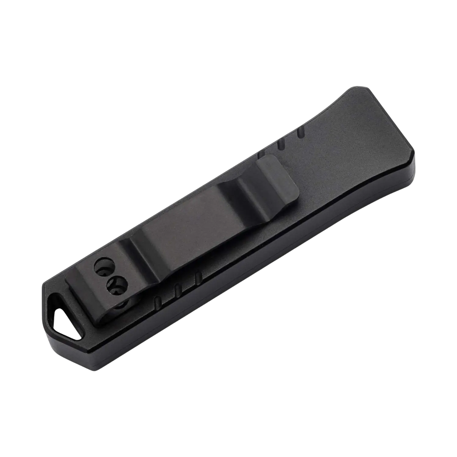 Schwarzes Taschenmesser Böker Plus Micro USB OTF mit Clip und rechteckigem Griff aus Metall.