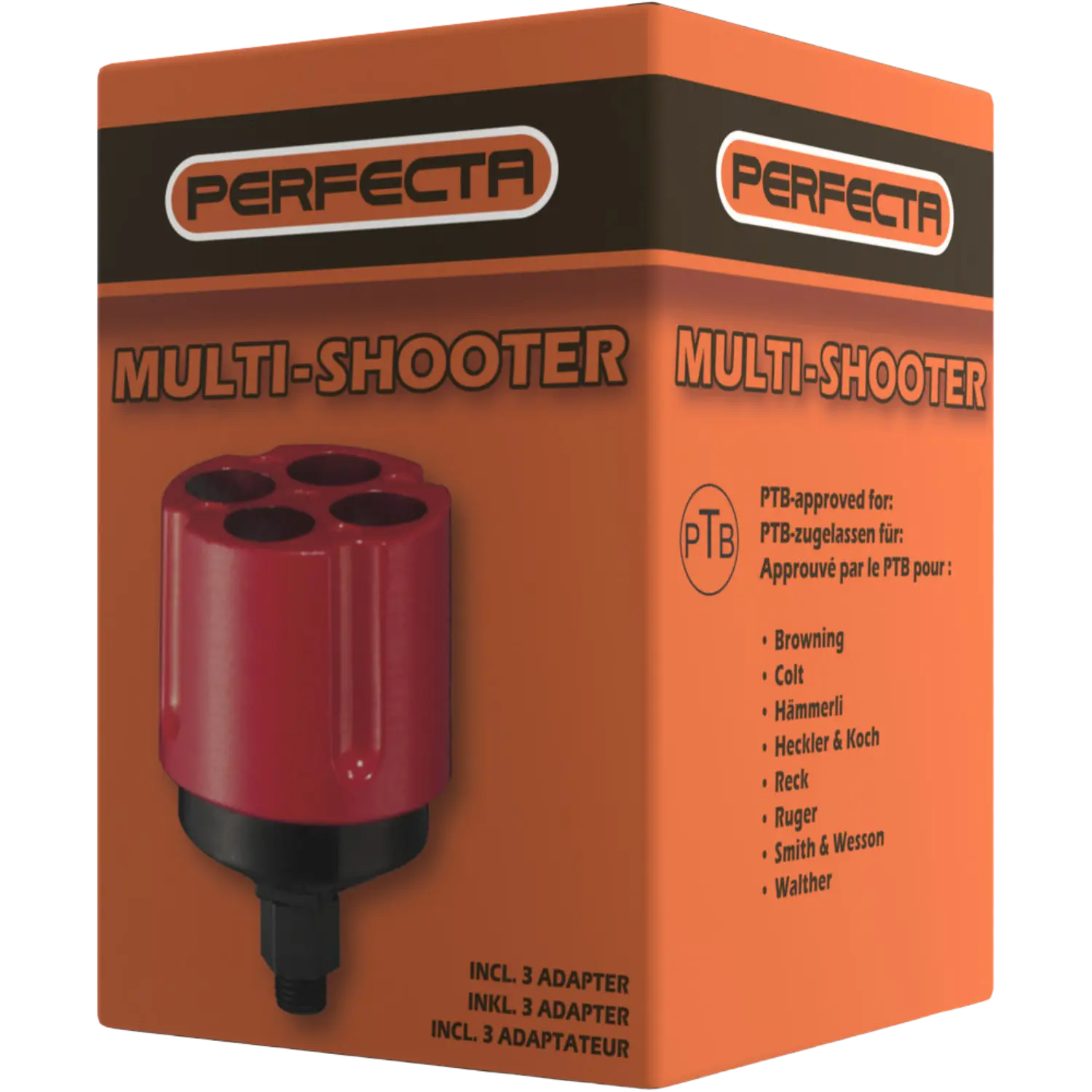 Roter Multishooter 4er Abschussbecher mit schwarzem Adapter auf oranger Verpackung der Marke Perfecta.