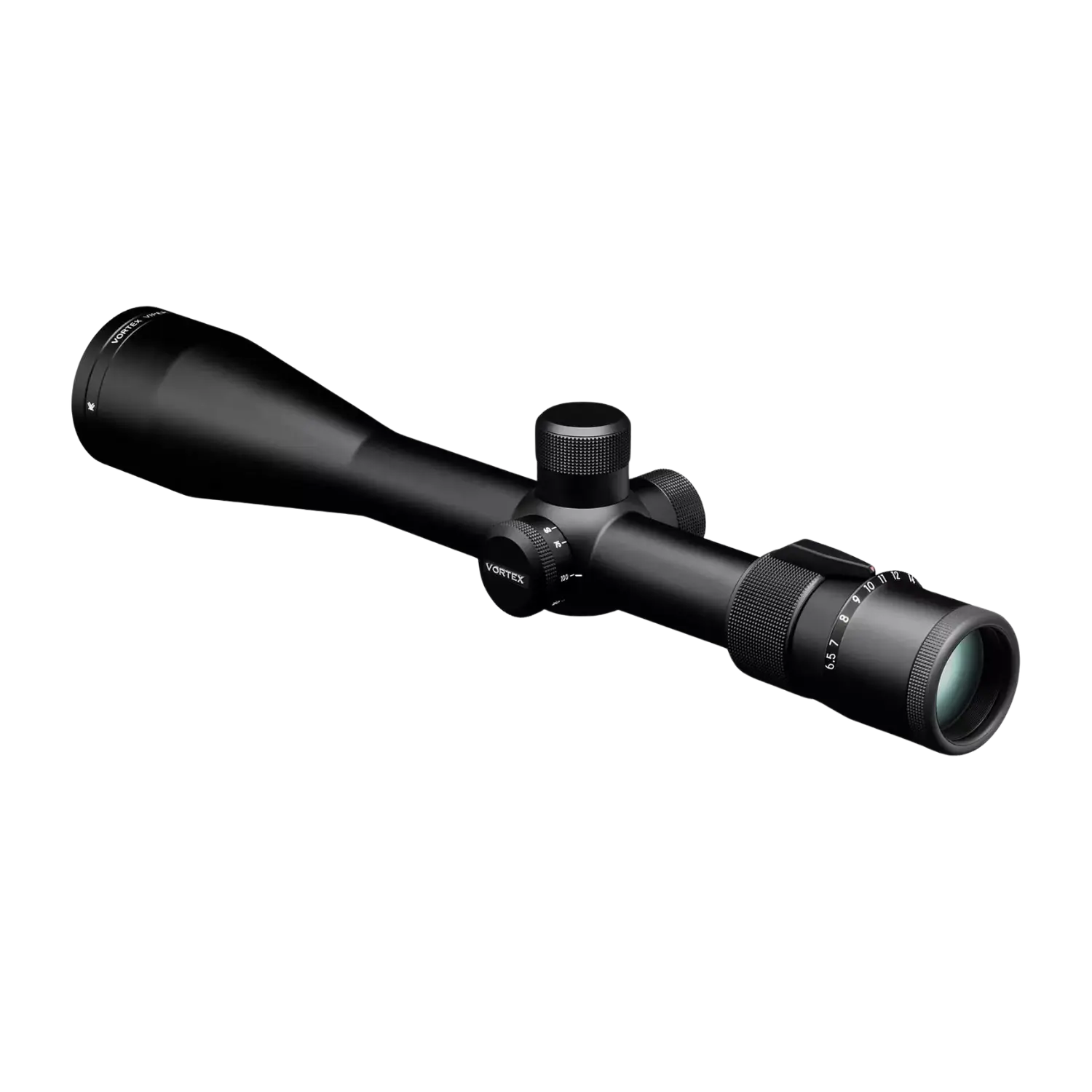Schwarzes Vortex Zielfernrohr Viper PA 6,5-20x50 mit Vergrößerungs- und Einstelltürmen, zylindrischer Form und glatter Oberfläche.