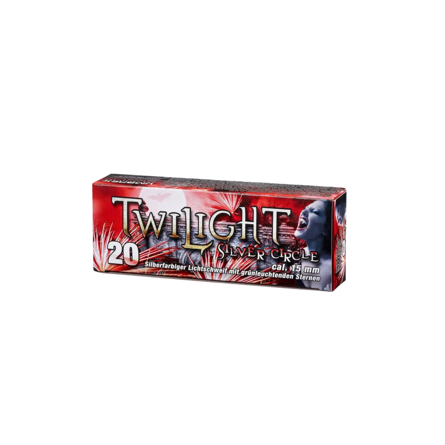 Twilight Silver Box 20 Pyro-Teile Verpackung von Twilight Silver Circle mit rotem Hintergrund, Feuerwerksgrafik, Zahl 20 und Text 'Silberfarbiger Lichtschweif mit grünleuchtenden Sternen'.
