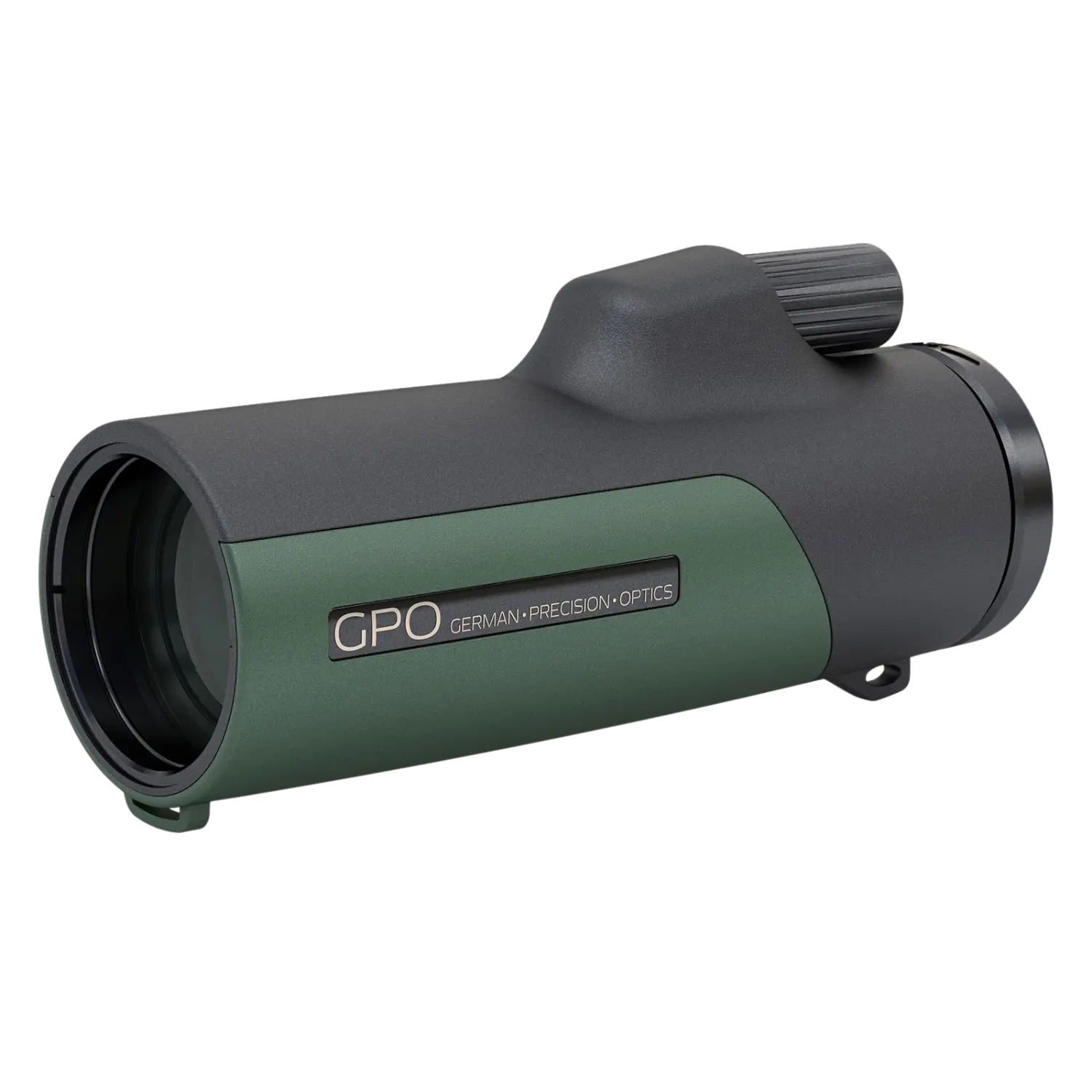 GPO PASSION™ MONO 10x36 HD Monokular Monokular von GPO (German Precision Optics) in grün und schwarz mit großem Objektiv und Fokusrad oben.