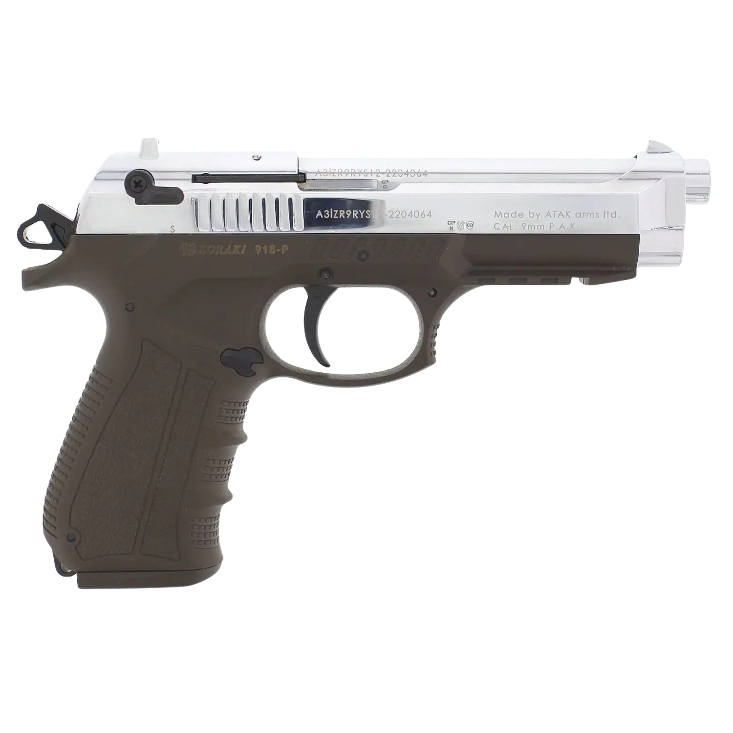 Halbautomatische Pistole Zoraki 918 mit chromfarbenem Schlitten und olivgrünem Griff, Seitenansicht von rechts.