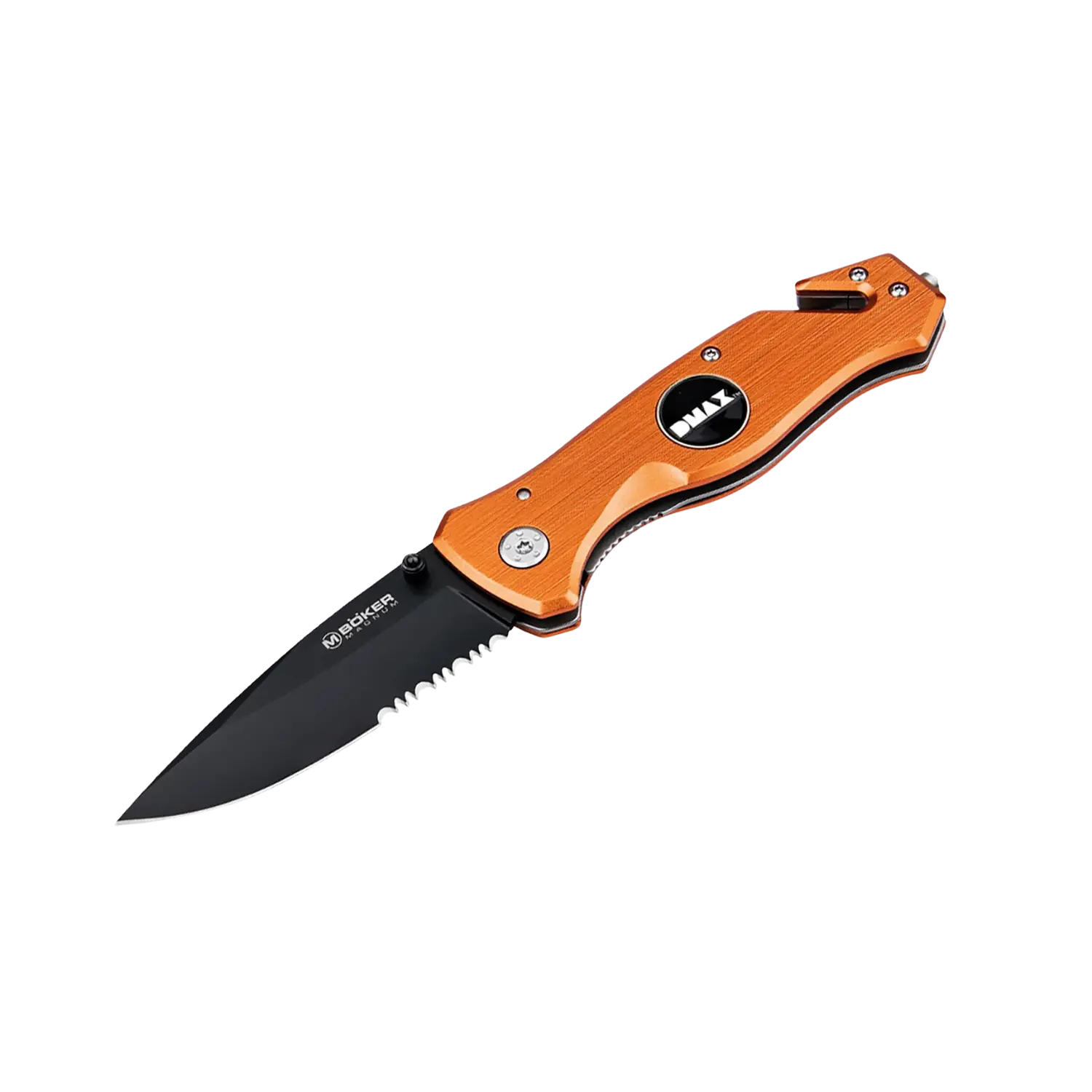 Klappmesser mit halb gezahnter Klinge, orangefarbenem Griff und DMAX-Logo