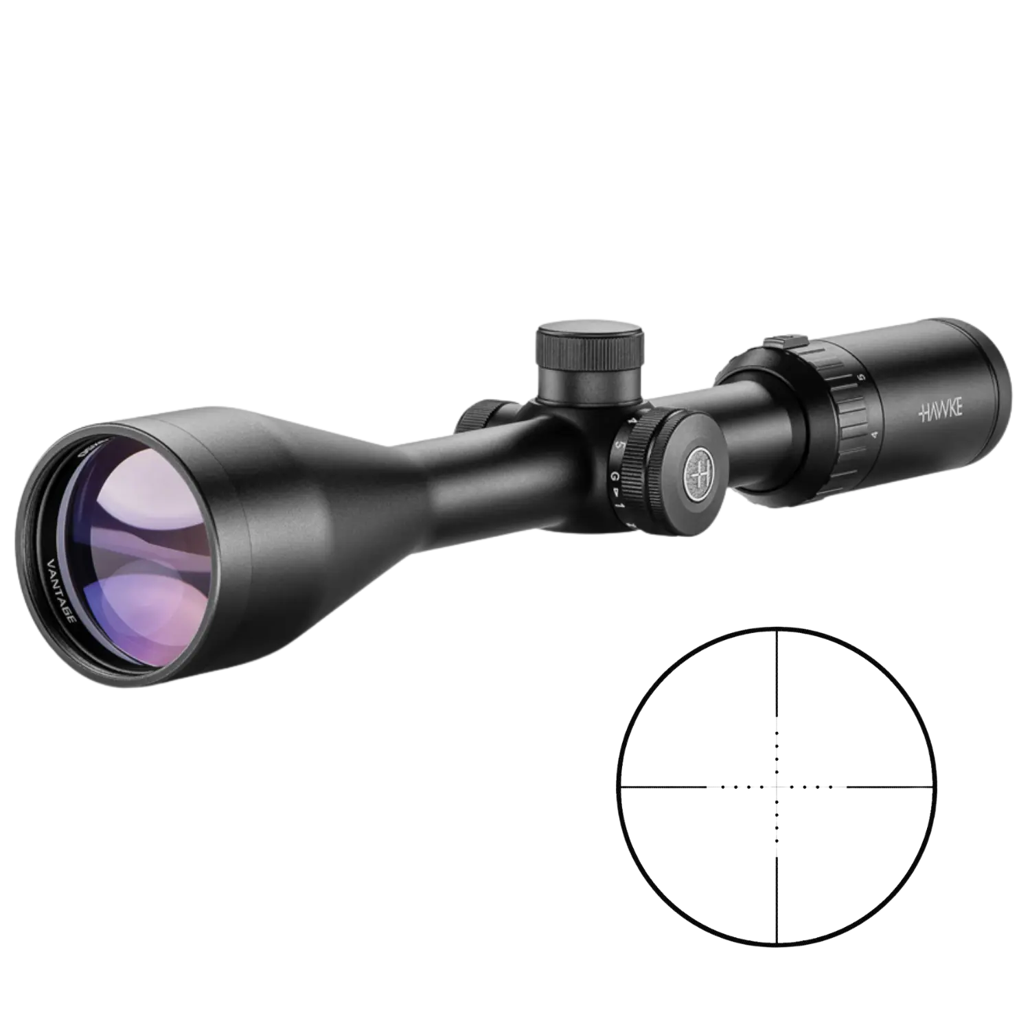 Schwarzes Zielfernrohr mit verstellbaren Ringen und beleuchtetem Fadenkreuz, Marke Hawke, mit Nahaufnahme des Fadenkreuzes.