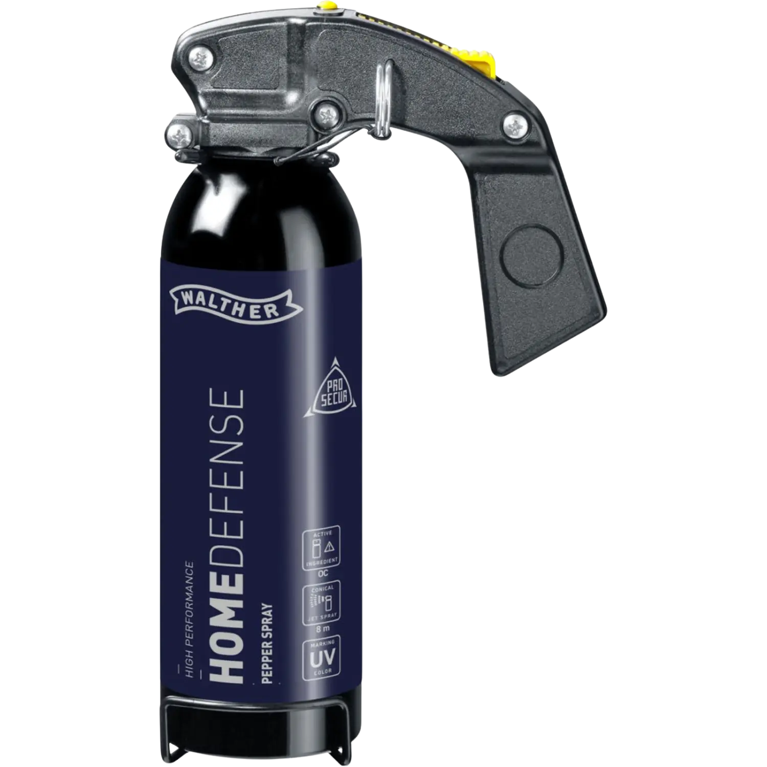 Walther ProSecur Home Defense Pfefferspray 370 ml konischer Strahl Walther HomeDefense Pfefferspray in einer schwarzen Dose mit grauem Sprühkopf und gelbem Auslöser, 370 ml.