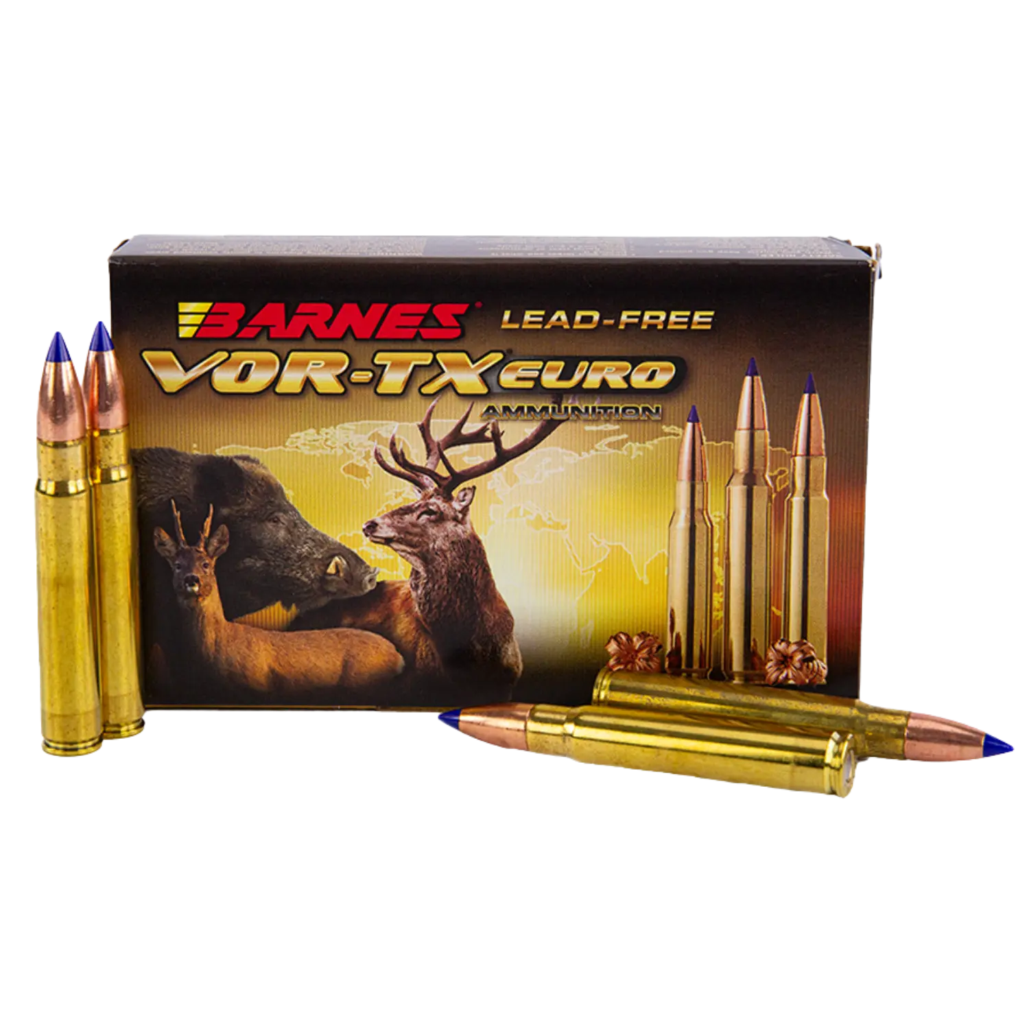Vortex Muniton Schachtel mit Abildungen von Hirsch, Rehbock und Wildschwein neben der Schachtel stehen zwei Patronen und zwei liegen davor