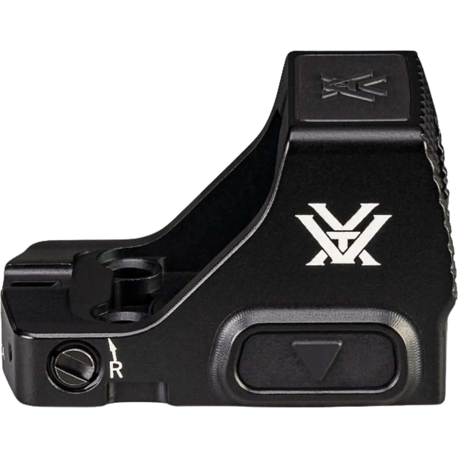 Vortex Defender CCW Red Dot 3 MOA: kompaktes Rotpunkt Visier mit robustem Design und präziser Einstellung. Seitliche Dastellung, Vortex Logo am Gehäuse.