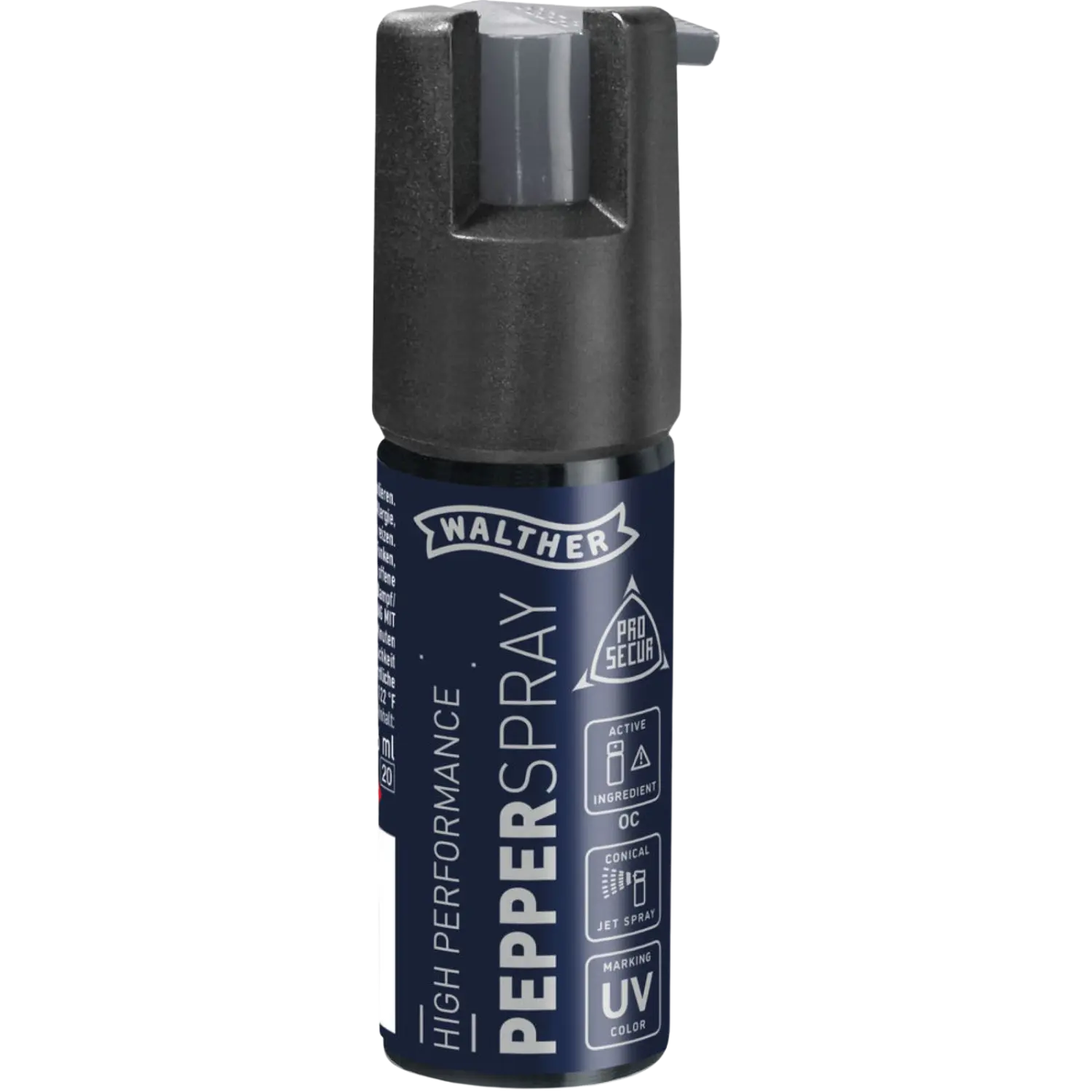 Walther Pfefferspray, 16ml, mit konischem Sprühkopf, schwarze und blaue Verpackung, sichtbare Aufschrift 'HIGH PERFORMANCE PEPPERSPRAY'.