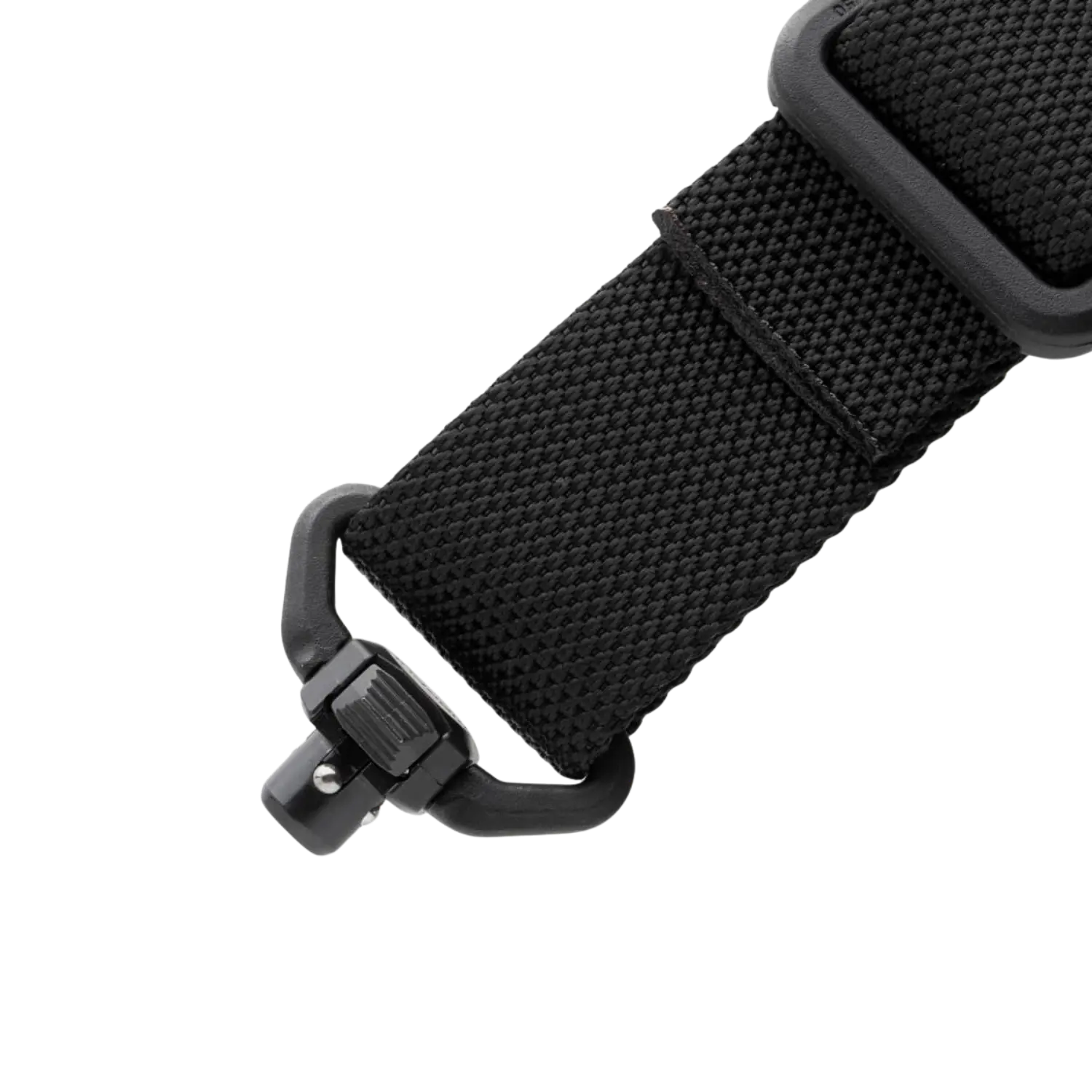 Nahaufnahme eines schwarzen Magpul QDM Quick Disconnect Riemenbügels mit texturierter Gurtbandstruktur und Schnellverschluss