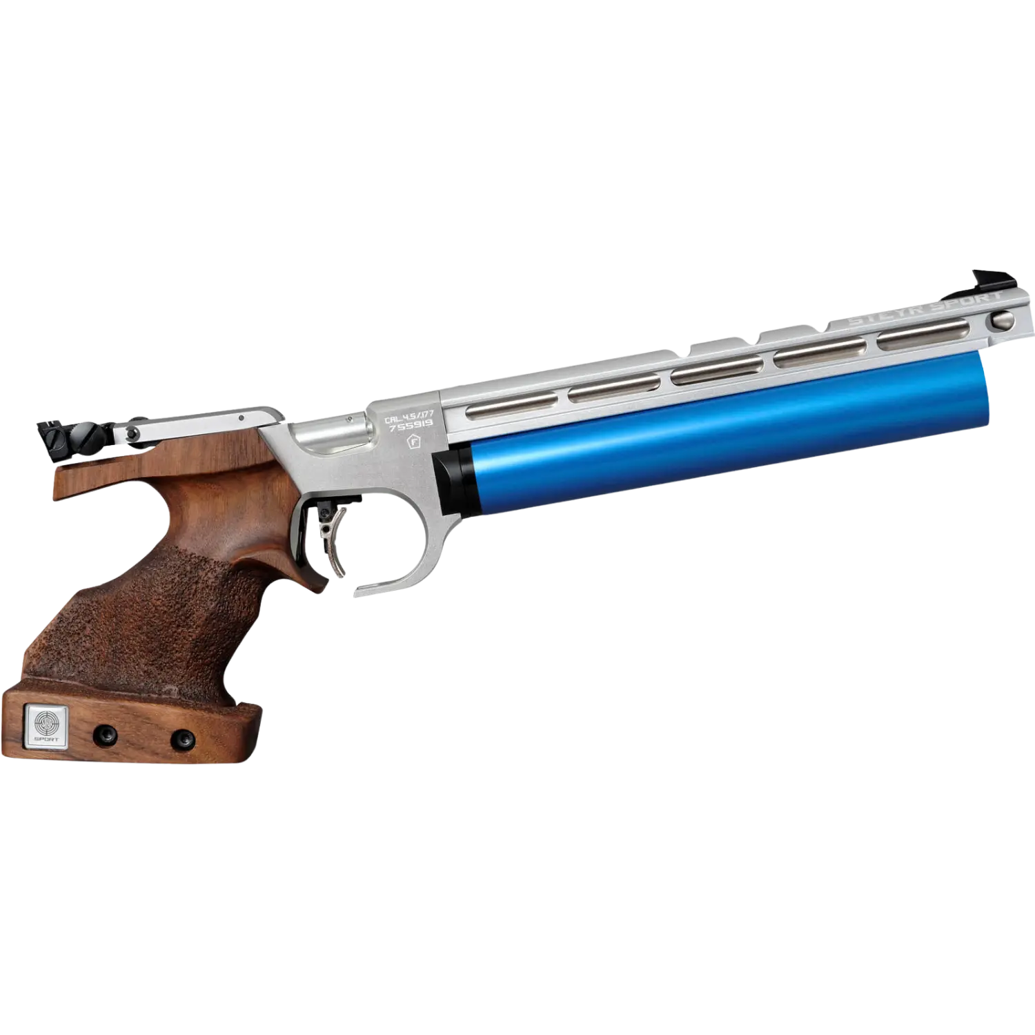 Steyr EVO 10 E Matchpistole 4,5mm Diabolo Steyr Luftpistole mit Holzgriff, silbernem Rahmen und blauem Luftbehälter, Seitenansicht