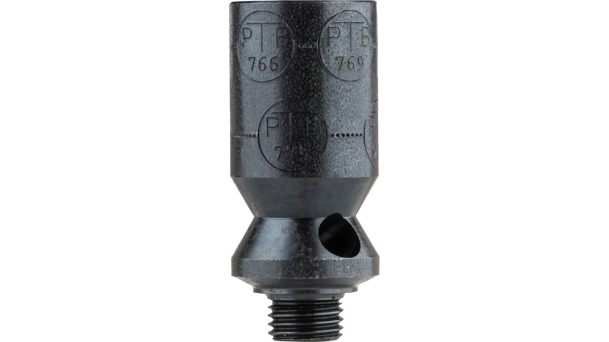 Nahaufnahme eines schwarzen Abschussbechers mit sichtbaren Prägungen und Gewindebereich am unteren Ende.