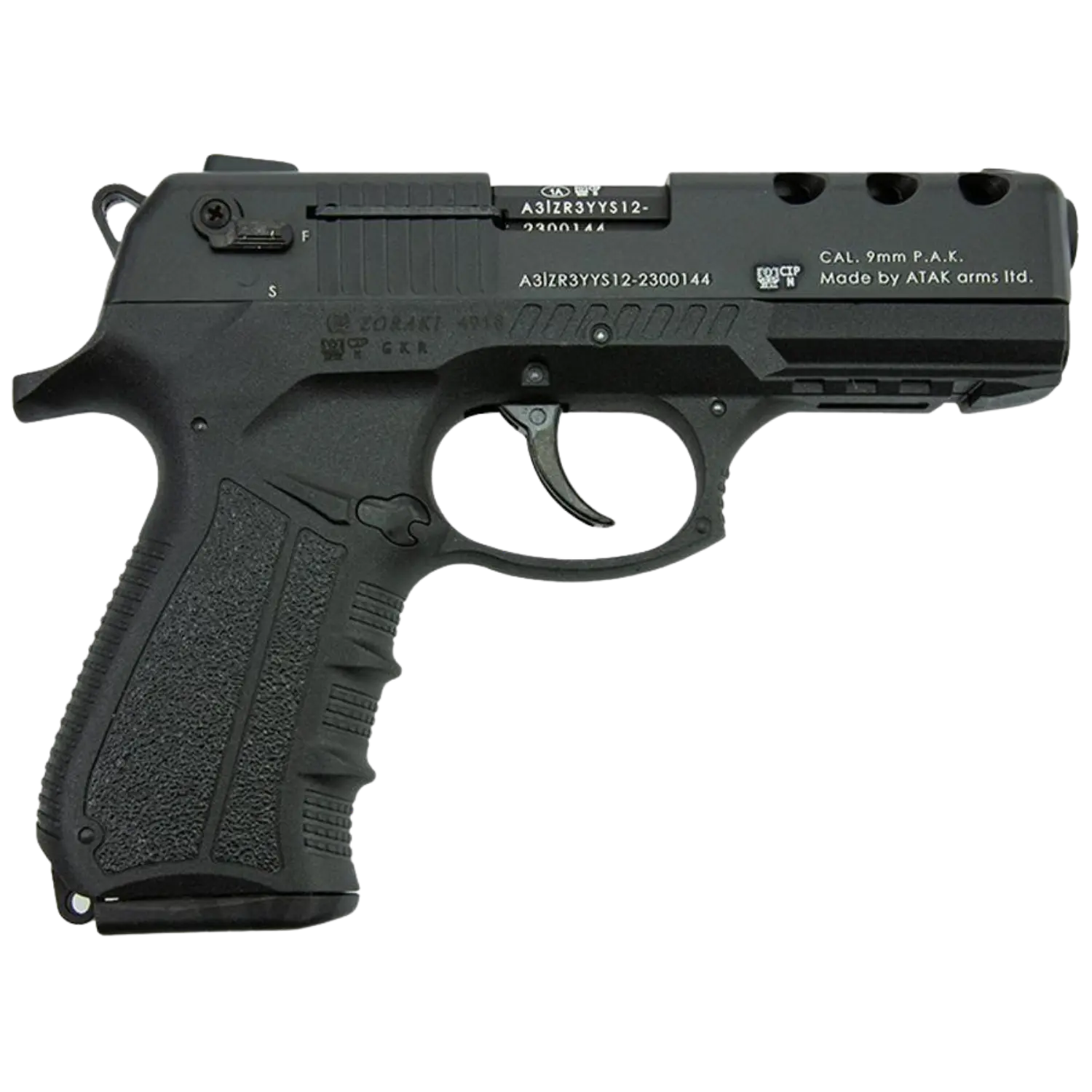 Schwarze Schreckschusspistole Zoraki 4918 mit strukturierter Griffoberfläche, Abzug, Sicherungsschalter und Aufschrift 'CAL. 9mm P.A.K. Made by ATAK arms ltd.'