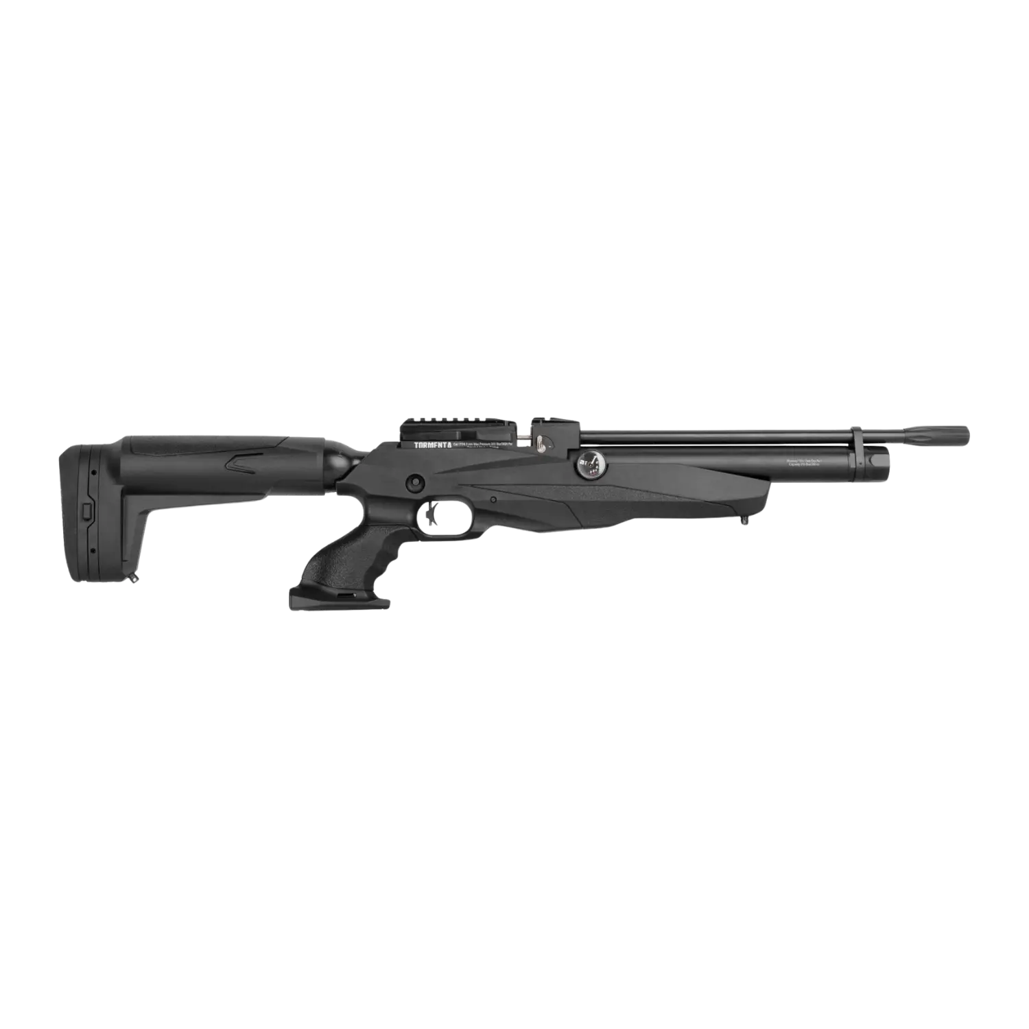 Schwarze Luftgewehr mit einem langen Lauf, ergonomischem Griff und einem verstellbaren Schaft. Sichtbare Montageschiene auf dem Gehäuse.