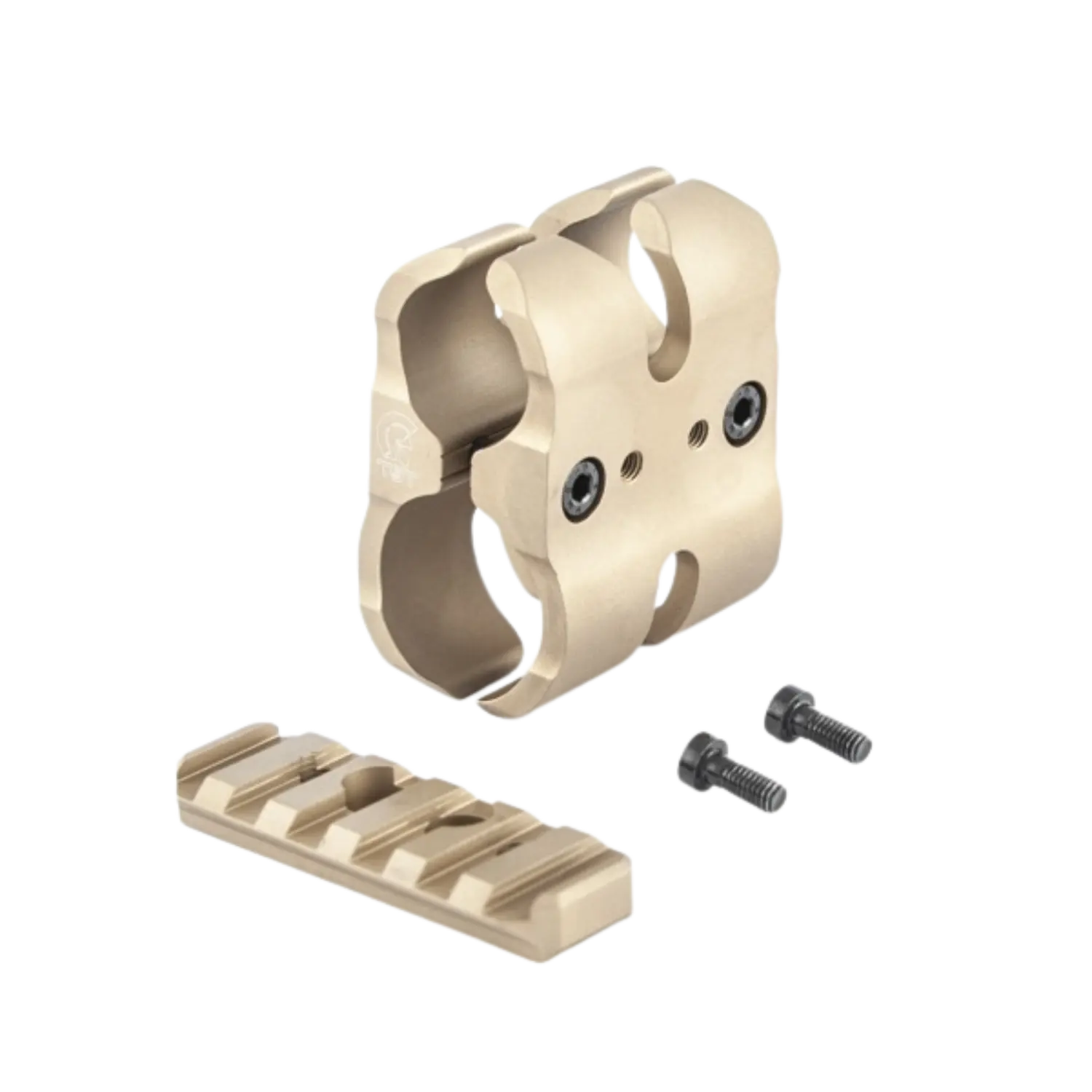 Beigefarbene Metallklemme mit zwei Schrauben, beigefarbene Schiene mit Rillen und zwei schwarze Schrauben daneben.