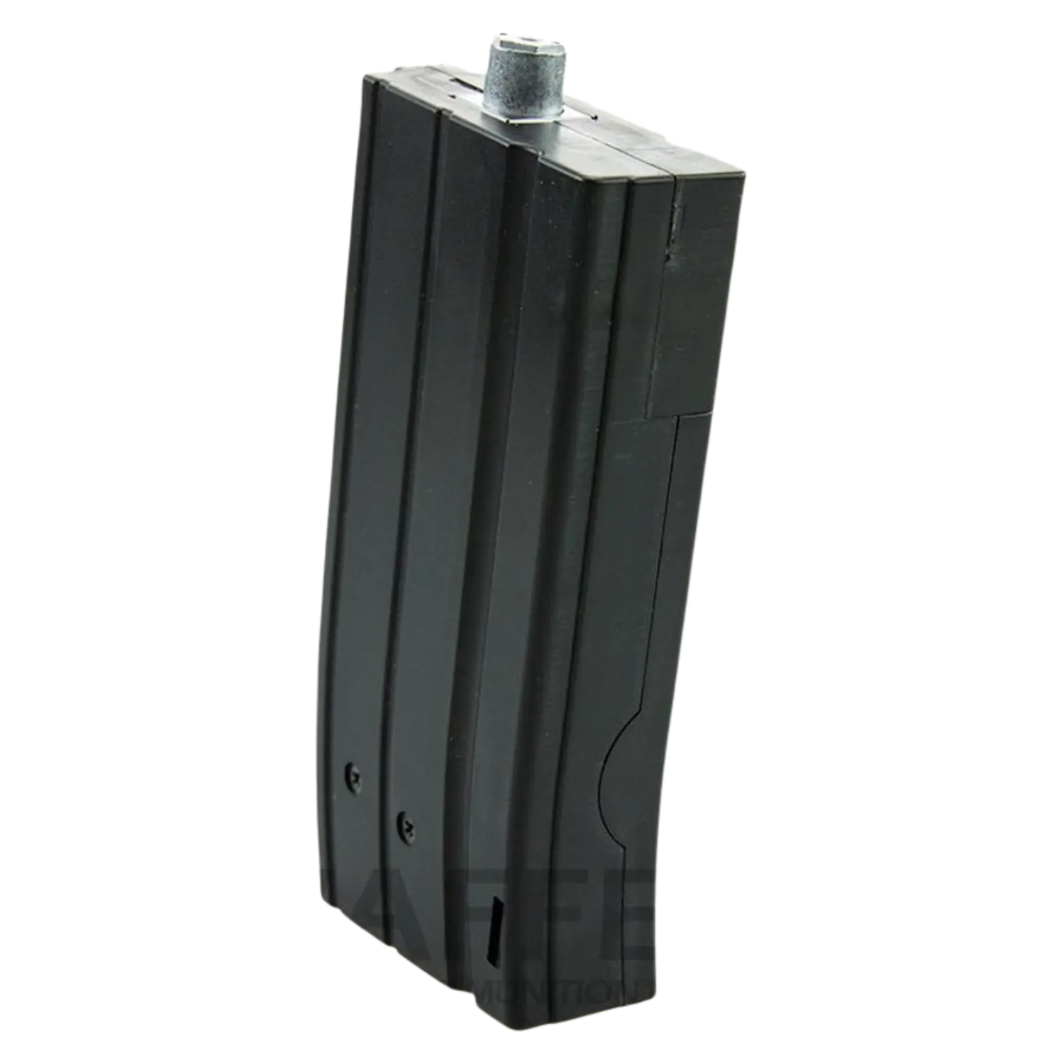 Schwarzes Ersatzmagazin für HK 416, rechteckig mit geriffelten Seiten und Metallverschluss oben