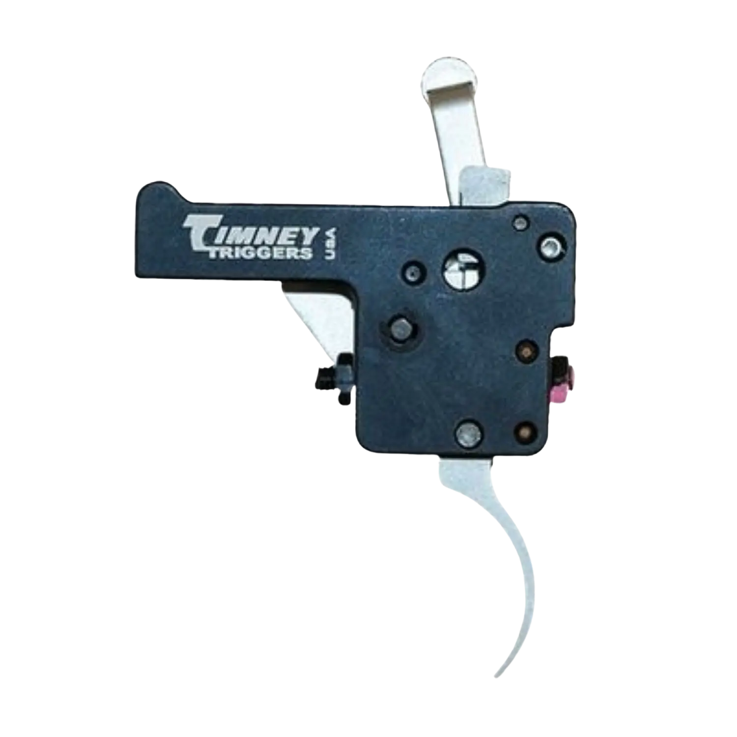 Timney Abzug m/Sicherung 3lbs Weatherby Vanguard / Howa 1500 Schwarzer Timney Triggers Abzug mit weißem Hebel und gebogenem Abzugsbügel, rechteckige Form mit sichtbaren Schrauben.