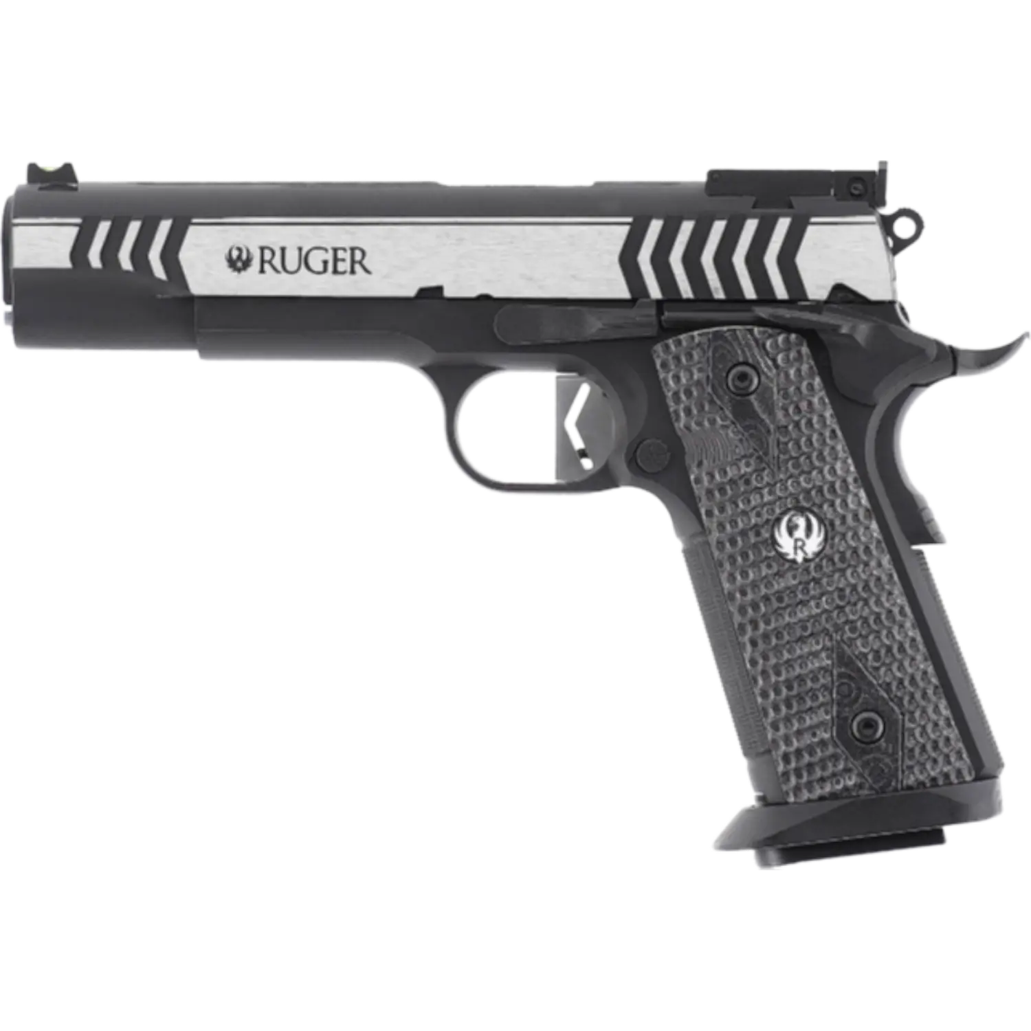 Ruger SR1911 Competition CO2 Luftpistole im Two-Tone-Design mit schwarzem Griff und silbernem Schlitten mit Rillenmuster und Ruger-Logo