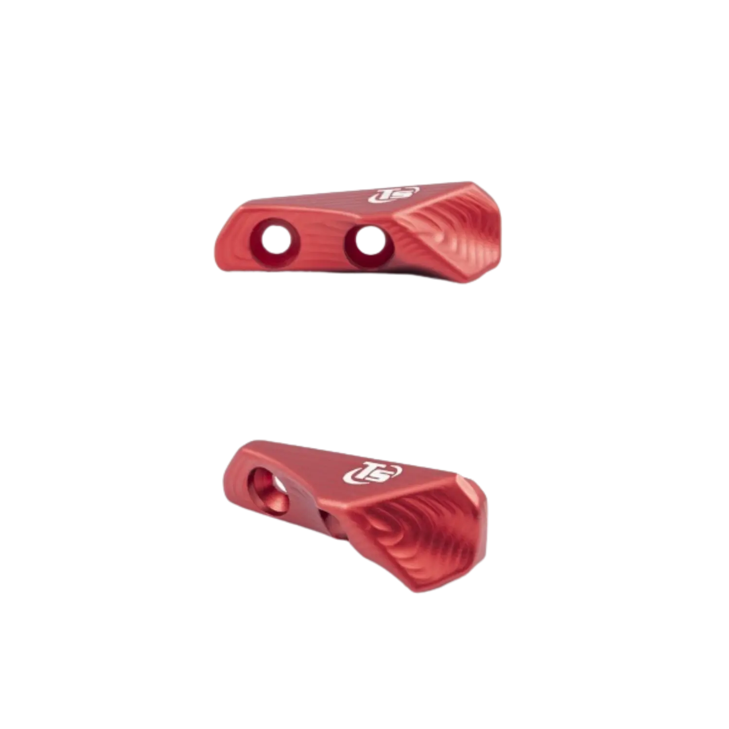 Rotes Thumb Rest für CZ Tactical, geformt mit zwei Bohrungen, Oberfläche mit feinen Fräsungen, für Rechtsschützen.