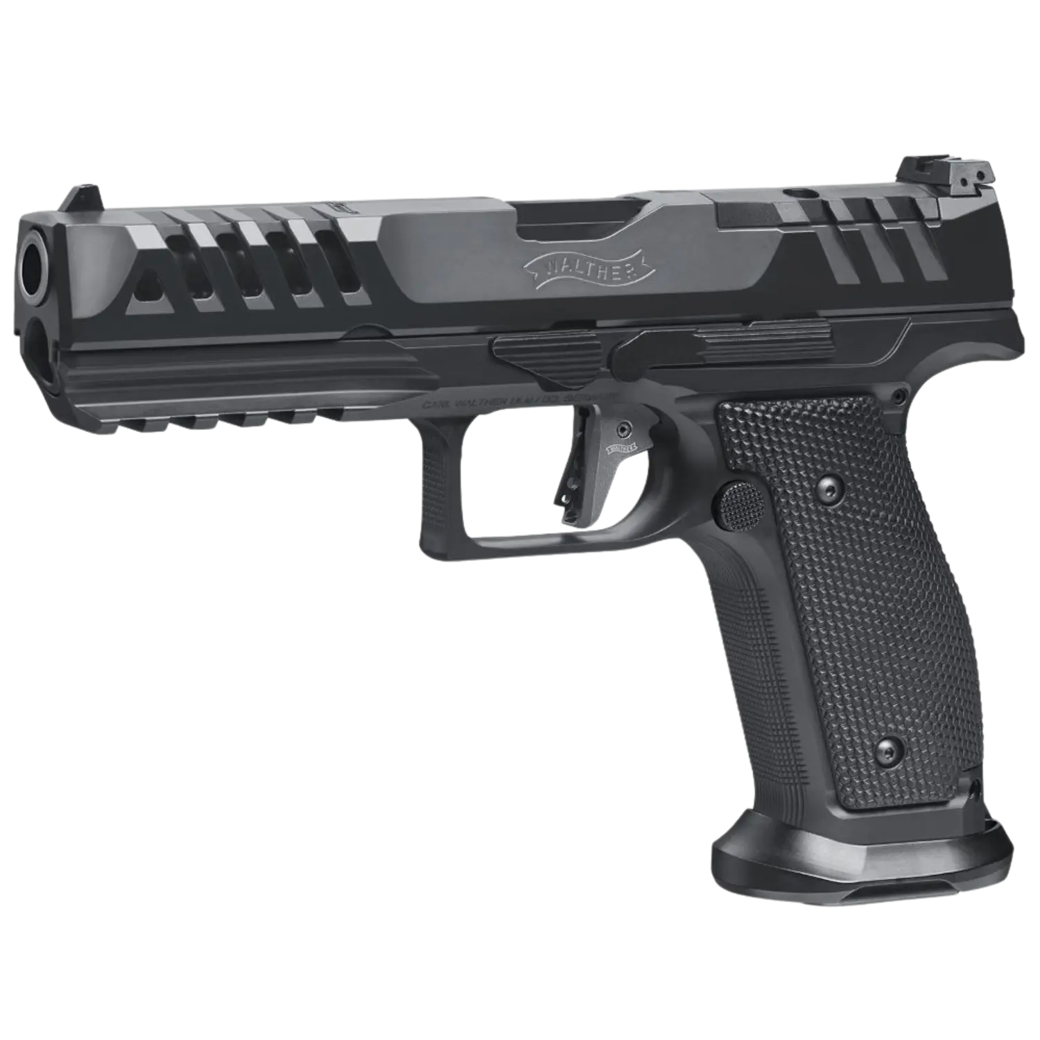 Walther PDP Match Steel Frame 5" Kaliber 9mm Luger Schwarzfarbige Handfeuerwaffe mit einem glatten Griff und einem markanten Abzugsmechanismus. Die Oberseite hat eine gezackte Struktur und eine Picatinny-Schiene.