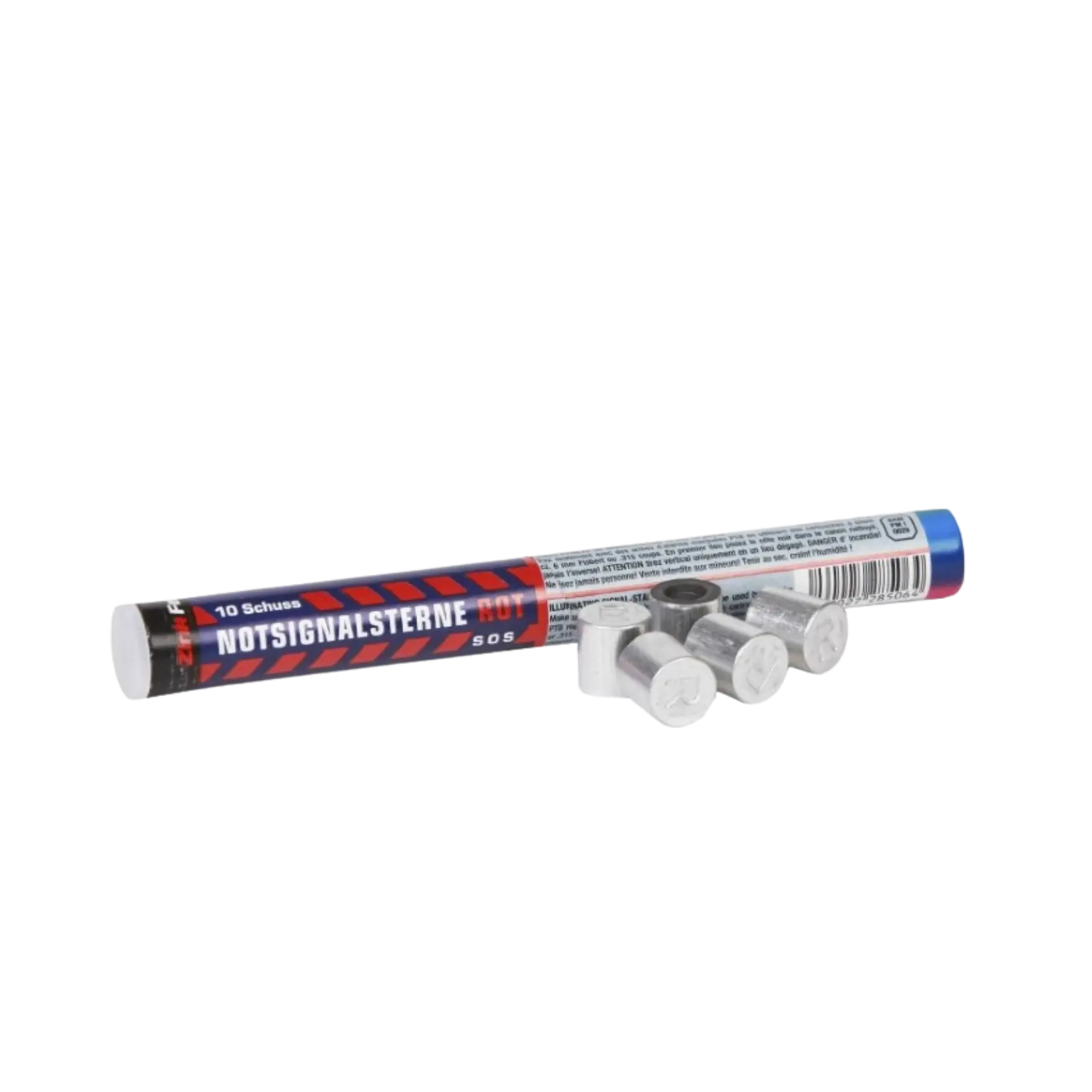 Zink Notsignalsterne Packung mit 10 Signalsterne, rotes und blaues Design, drei Signalsterne sichtbar, Verpackung zeigt 'Notsignalsterne SOS'
