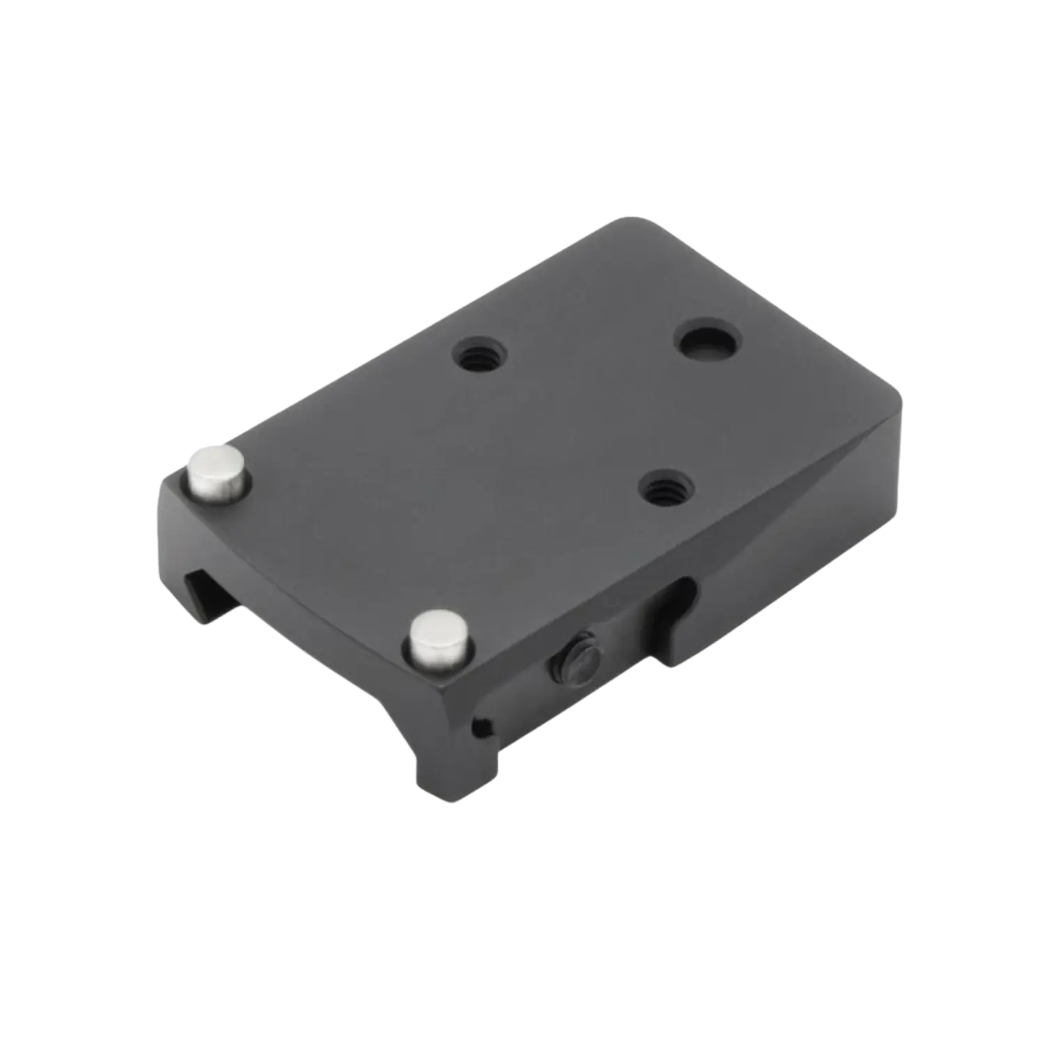 Schwarze Montageplatte mit vier Bohrungen und zwei silbernen Stiften, rechteckig mit abgeschrägten Kanten.