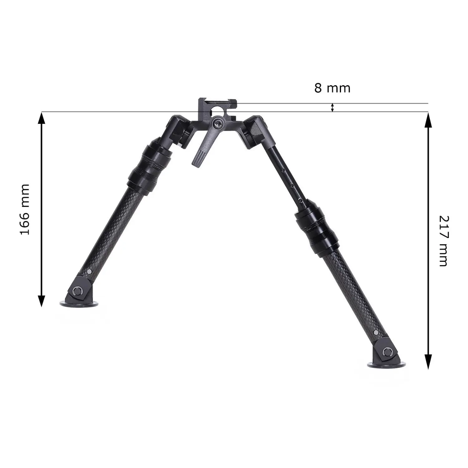 Voere X-Zweibein mit Universalaufnahme und Längenverstellung, zwei schwarze Beine aus Carbon mit verstellbaren Segmenten und runden Fußplatten, Maße 166 mm und 217 mm Höhe, 8 mm Abstand oben.