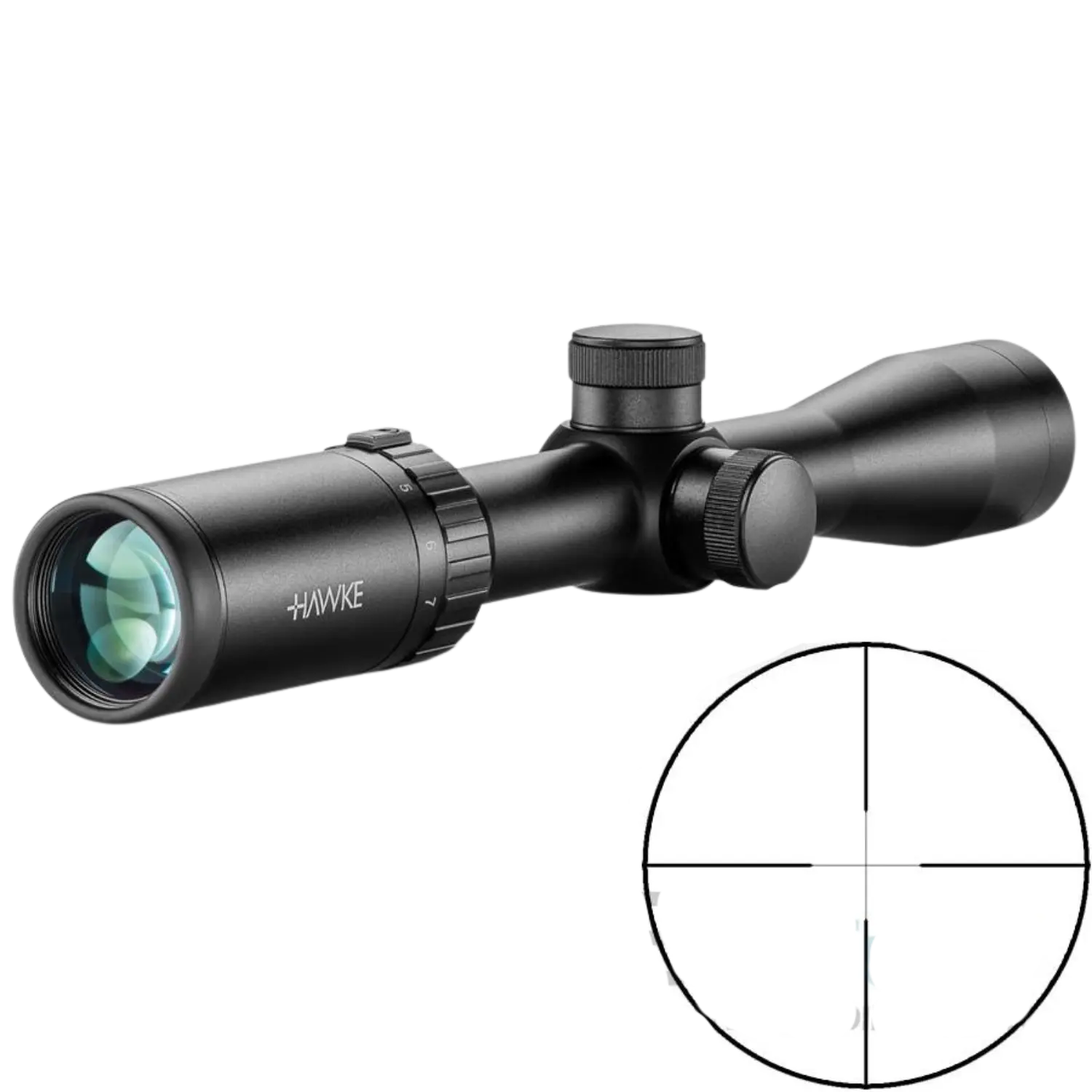Hawke Vantage 2-7x32 Duplex Zielfernrohr Hawke Vantage 2-7x32 Duplex Zielfernrohr in Schwarz, mit einem verstellbaren Okular und einem seitlichen Einstellrad. Im Bild ist ein Fadenkreuz im unteren rechten Bereich.
