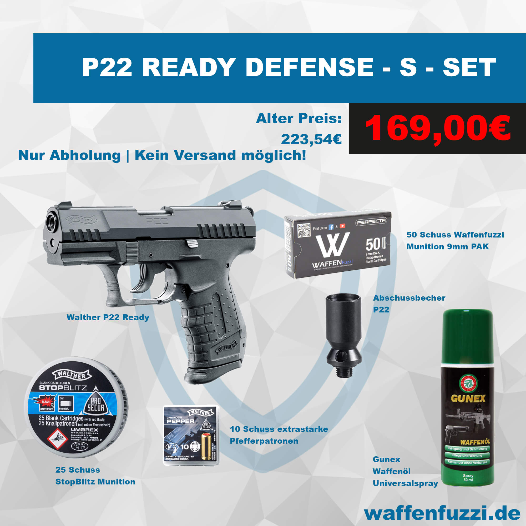 Walther P22 Ready Defense "S" Schreckschuss Set Kaliber 9mm PAK Walther P22 Ready Defense "S" Schreckschuss Set Kaliber 9mm PAK