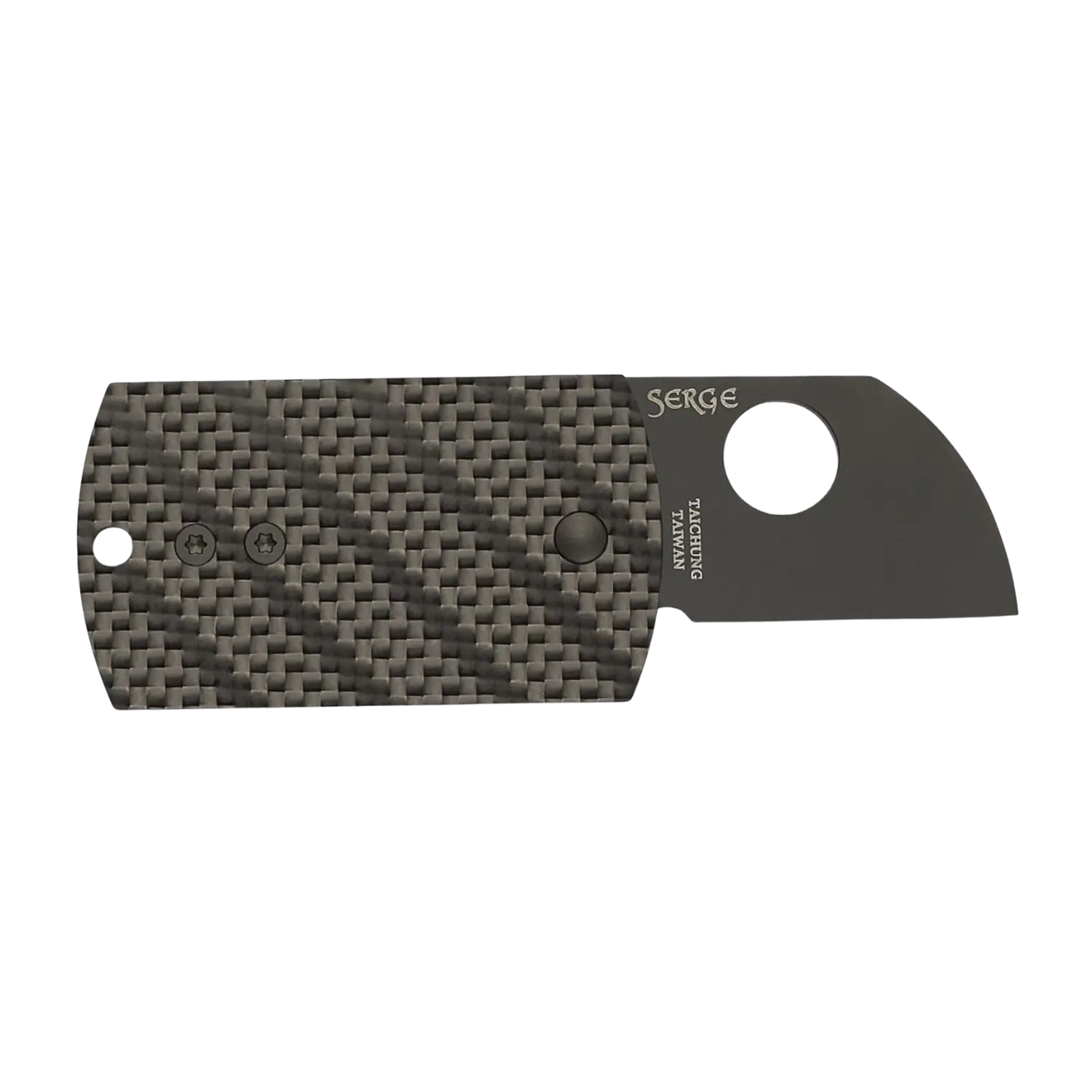  Dogtag-Taschenmesser aus schwarzem Carbonfaser mit einem charakteristischen Loch.