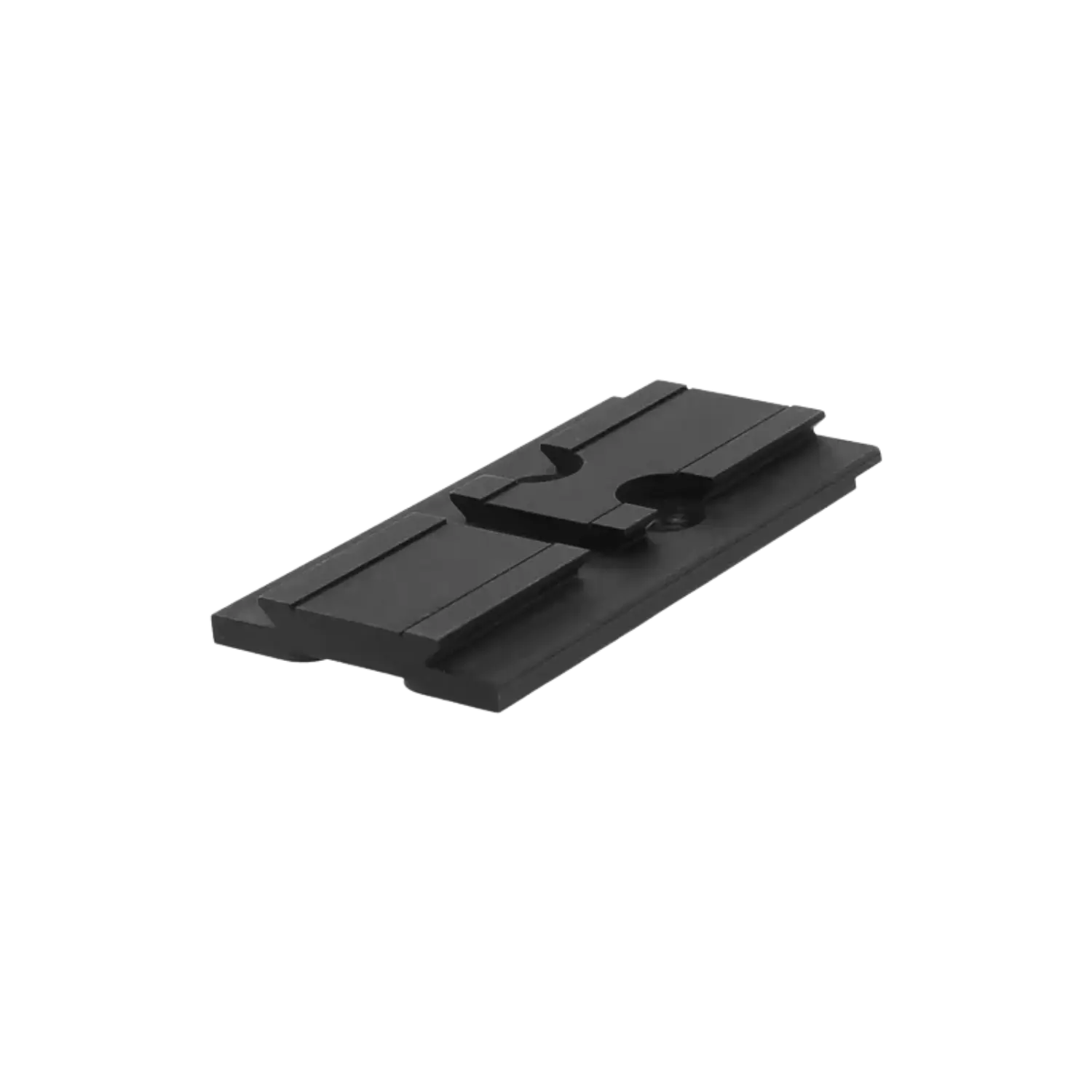 Schwarze Aimpoint Acro Montageplatte aus Metall mit Aussparungen und Erhöhung, rechteckig und flach, für Glock MOS.
