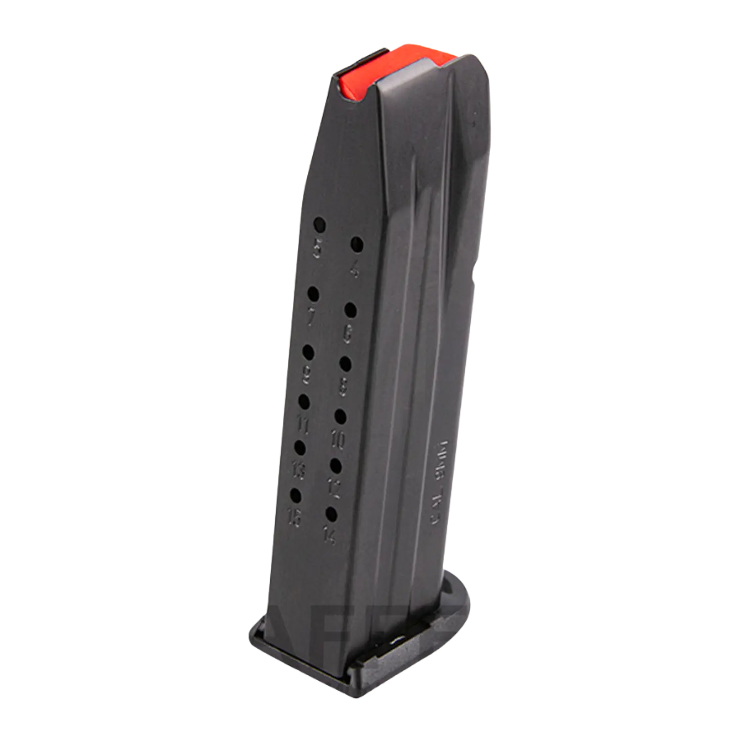 Schwarzes Magazin für Walther PPQ 22Lr mit Sichtlöchern und rotem Kunststoffteil am oberen Ende.