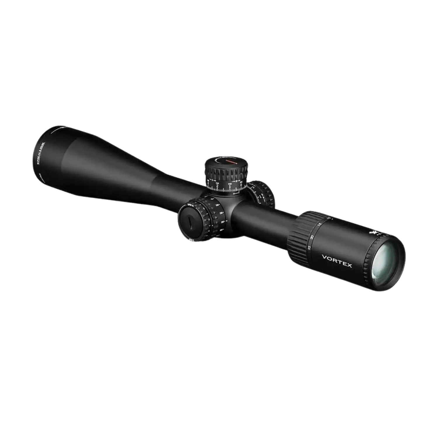 Vortex Zielfernrohr Viper PST Gen II 5-25x50 MOA SFP Vortex Zielfernrohr Viper PST Gen II 5-25x50 MOA SFP in Schwarz mit verschiedenen Verstellknöpfen. Seitliche Abbildung, Objetiv nach links oben zeigend.
