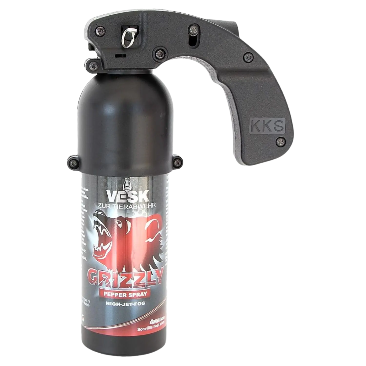 Vesk Grizzly Breitstrahl 4mio. Scoville 400ml Vesk Grizzly Pfefferspray mit schwarzem Metallgehäuse, 400 ml, mit Auslösergriff und Aufdruck eines brüllenden Bären, 4 Millionen Scoville