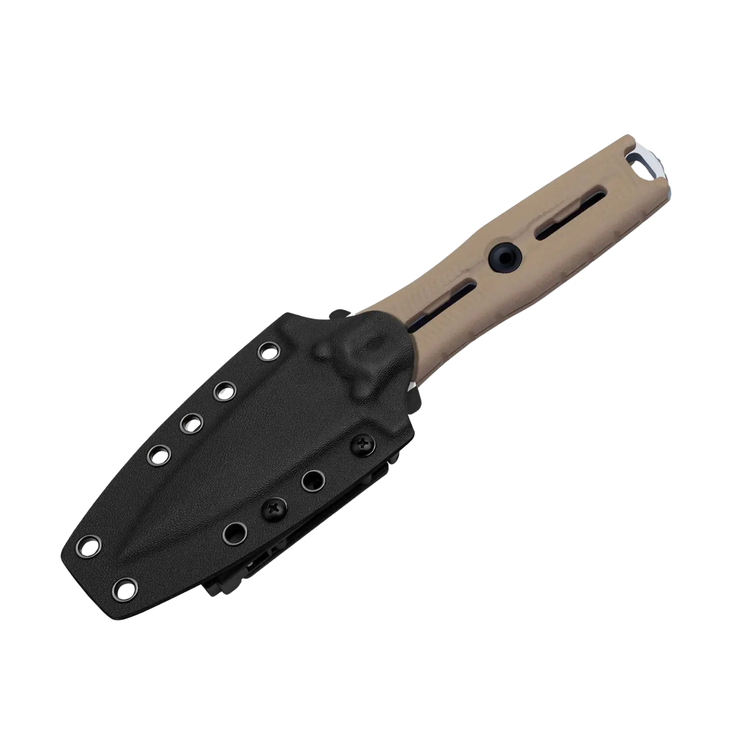 Kizer Norcross Messer mit tanfarbenem Griff und schwarzer Scheide, mehrere Schrauben und Befestigungslöcher sichtbar.