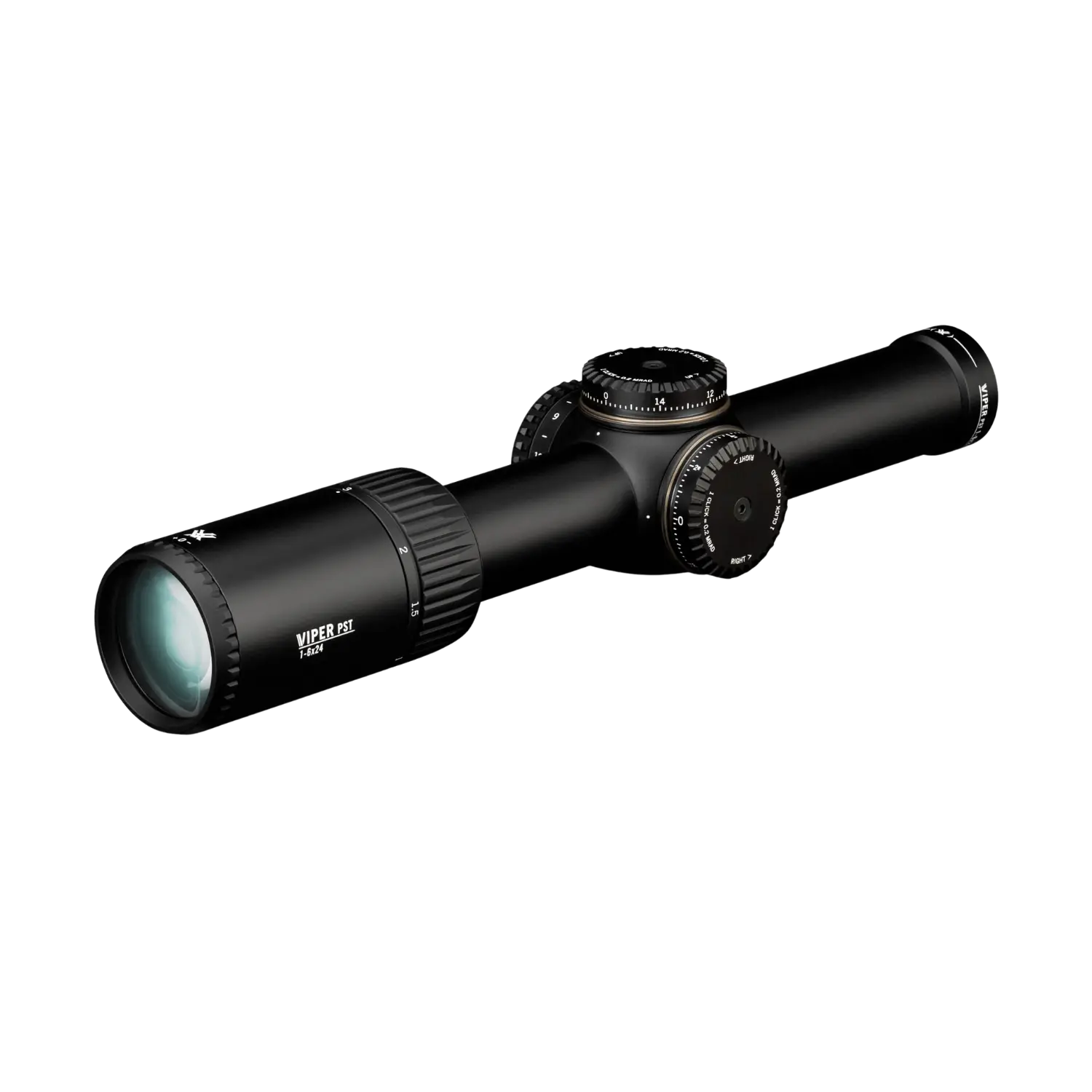 Vortex Zielfernrohr Viper PST Gen II 1-6x24 mit präziser Abbildungsleistung und robustem Design. Seitliche Ansicht. Objetiv nach Links unten zeigend.
