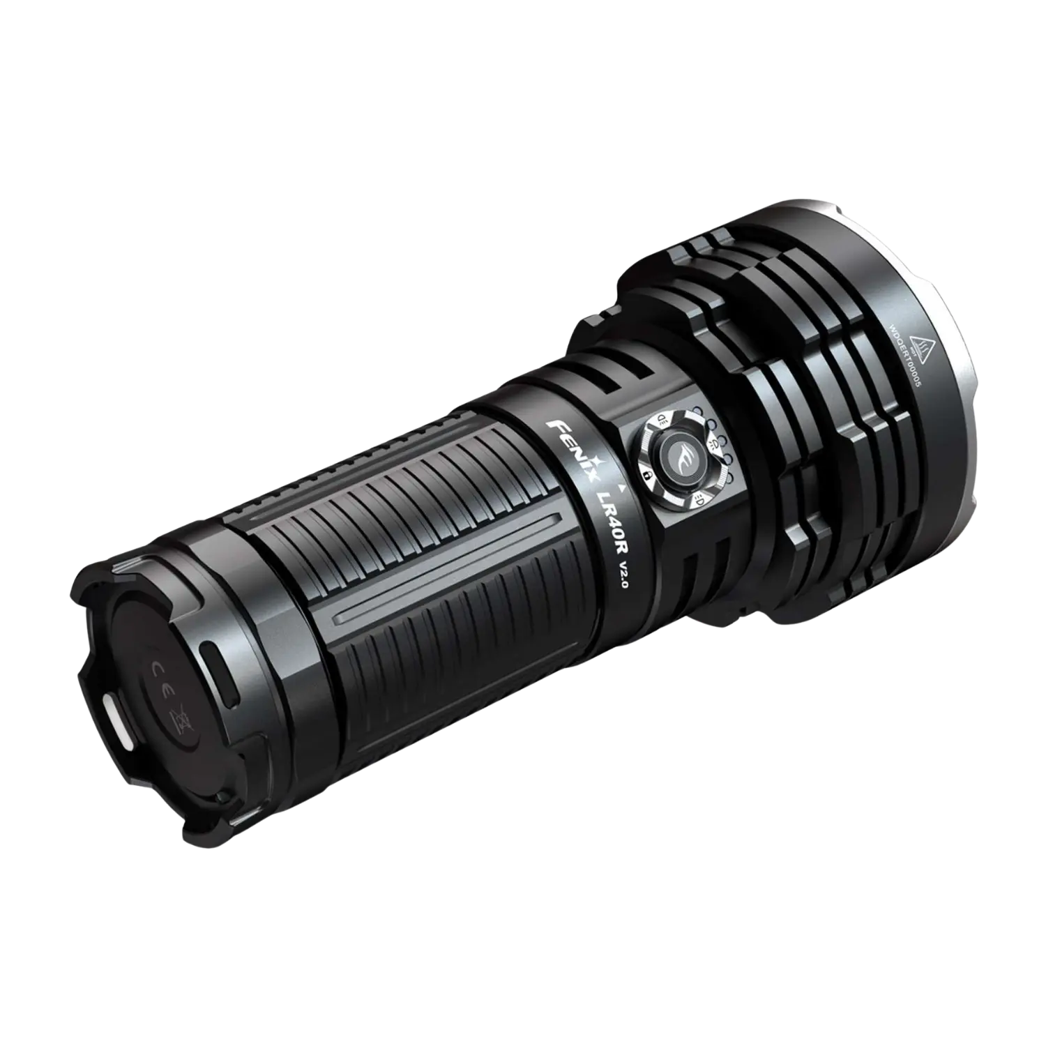 Schwarze Taschenlampe Fenix LR40R V2.0 mit geriffeltem Griff, rundem Schalter und breitem Reflektor.