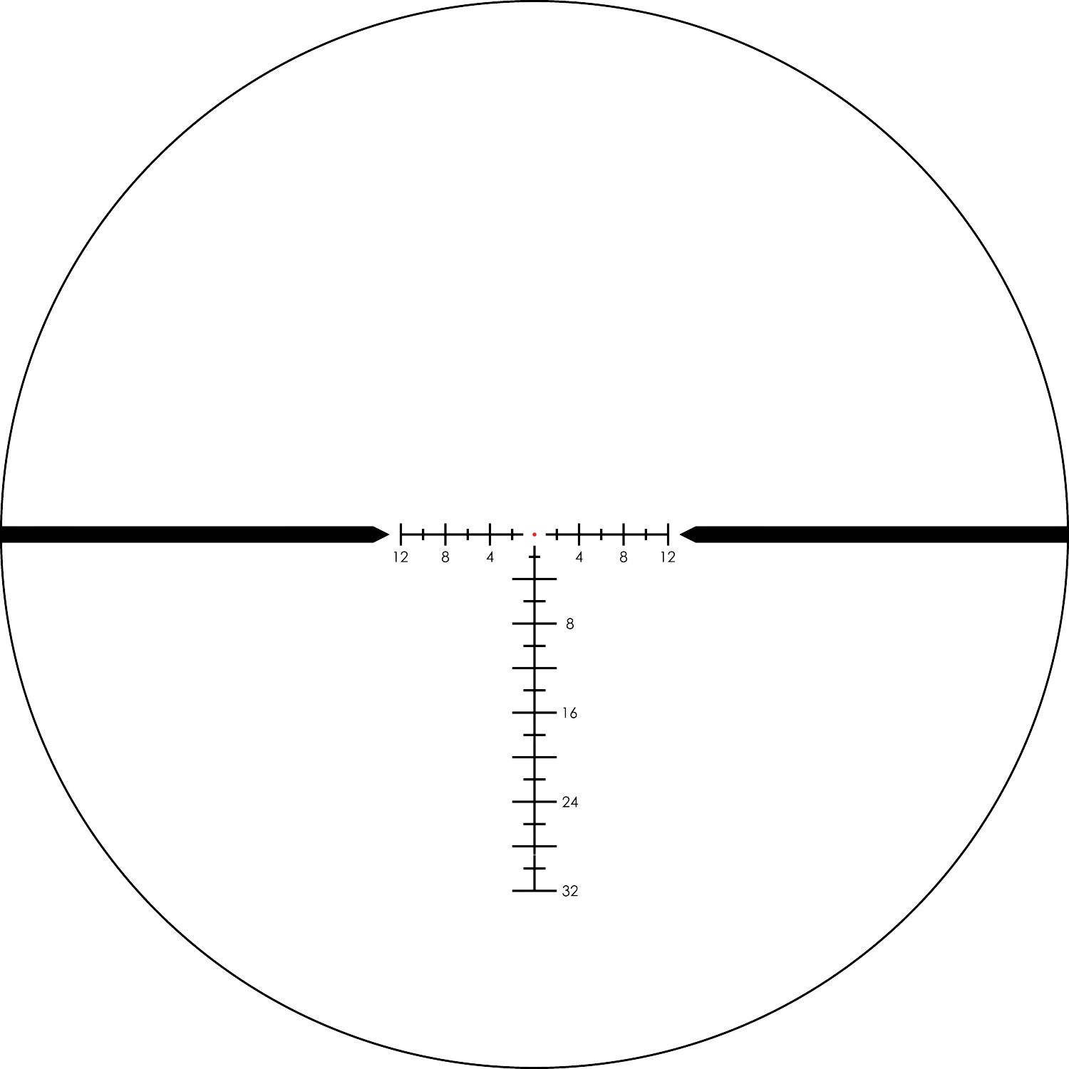 Vollansicht eines Absehens mit horizontaler und vertikaler Skala, rotem Punkt in der Mitte, Markierungen in MOA-Einheiten.