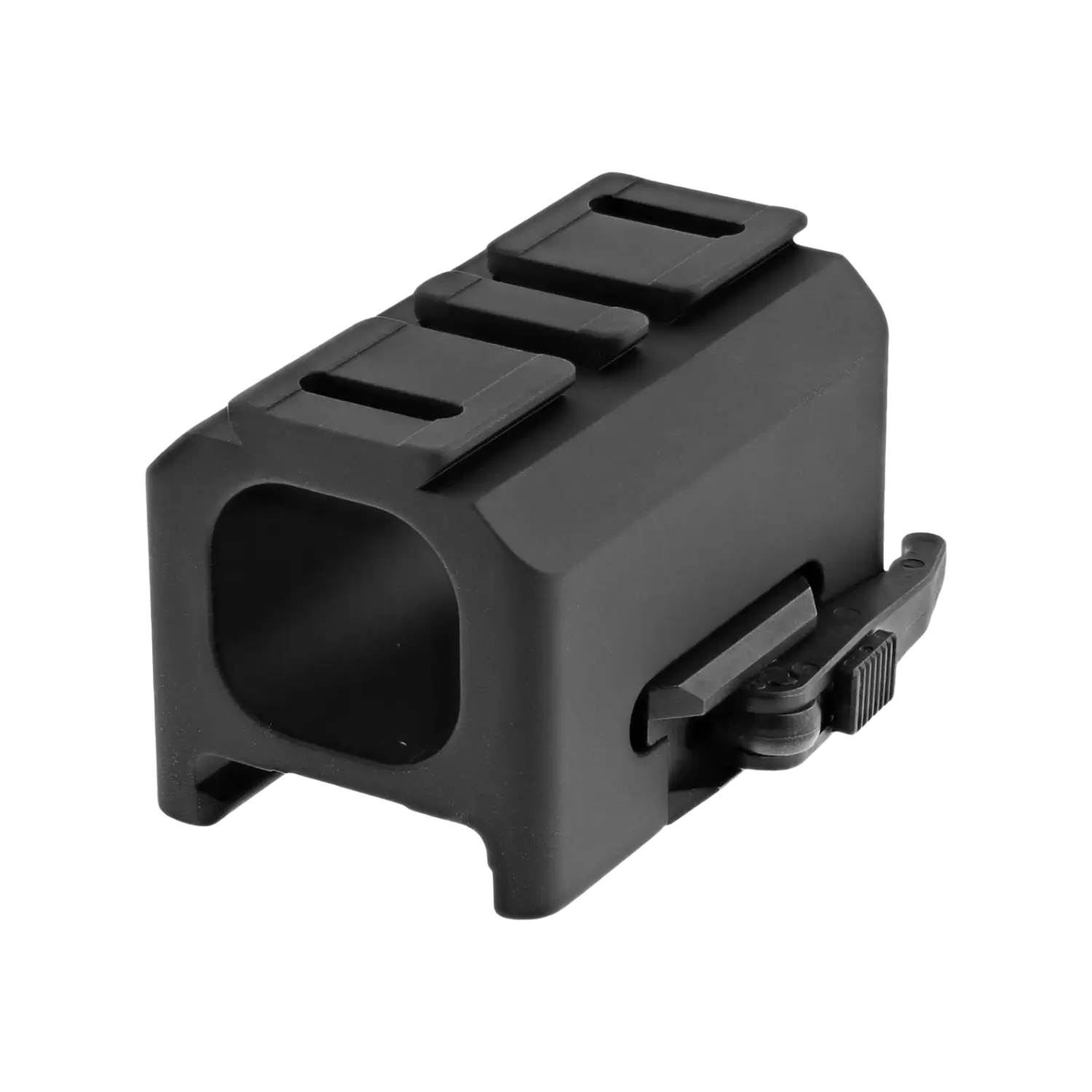 Schwarzer QD-Montageadapter für 39 mm, rechte Seitenansicht, mit zwei Montageschienen und seitlichem Hebel.