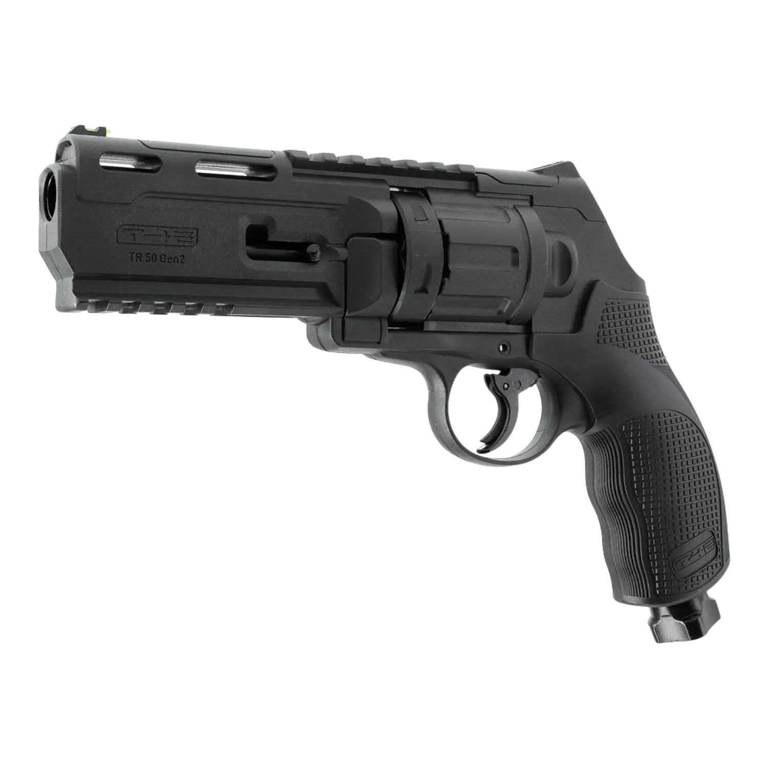TR50 Home Defense Revolver GEN 2, Kaliber .50, 7 Joule, schwarz, rechte Seitenansicht, mit Picatinny-Schiene und Griffmuster.