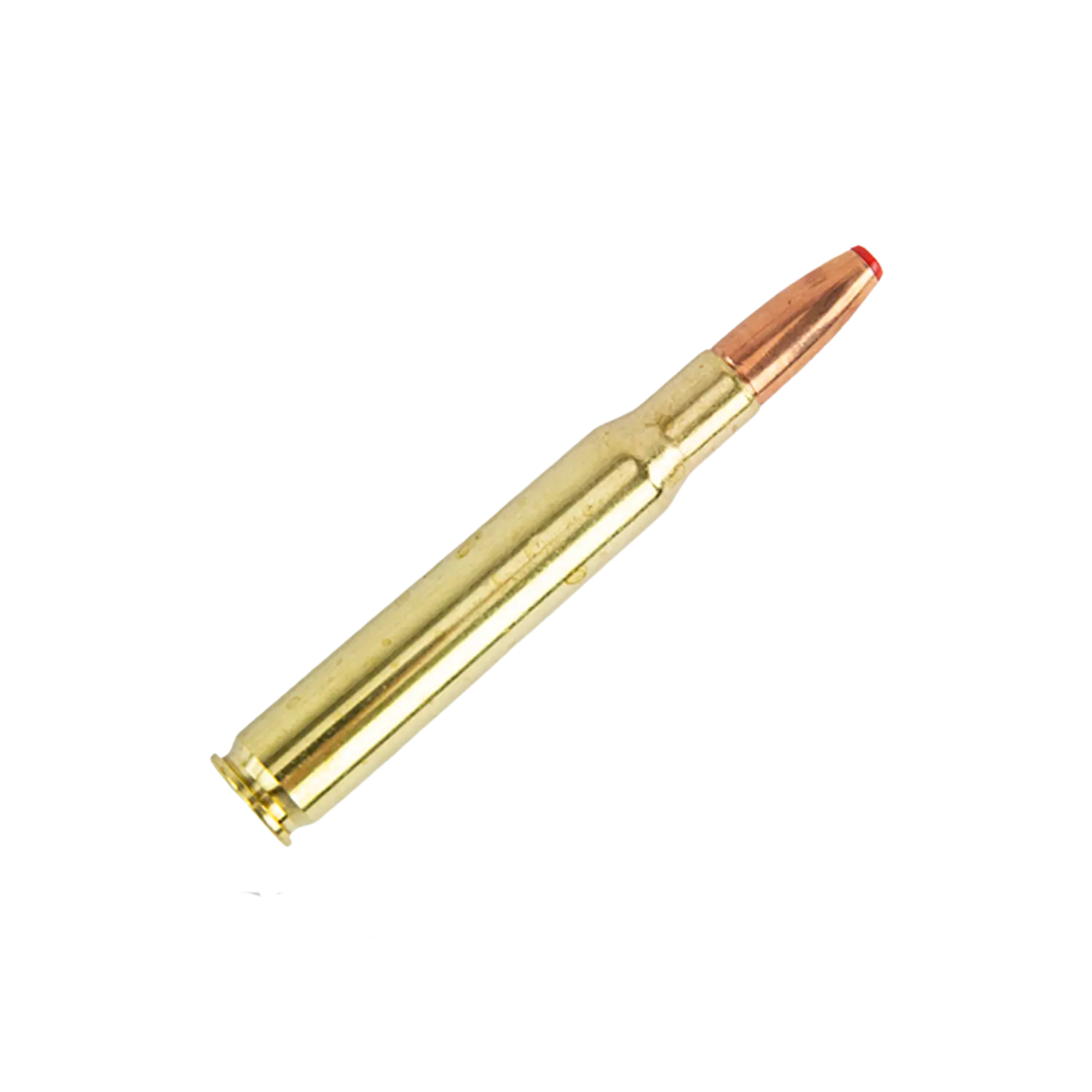 Hülsenpatrone vom Typ Hornady, goldfarbene Messinghülse mit einer rotspitzen Geschosskugel, länglich und zylindrisch.